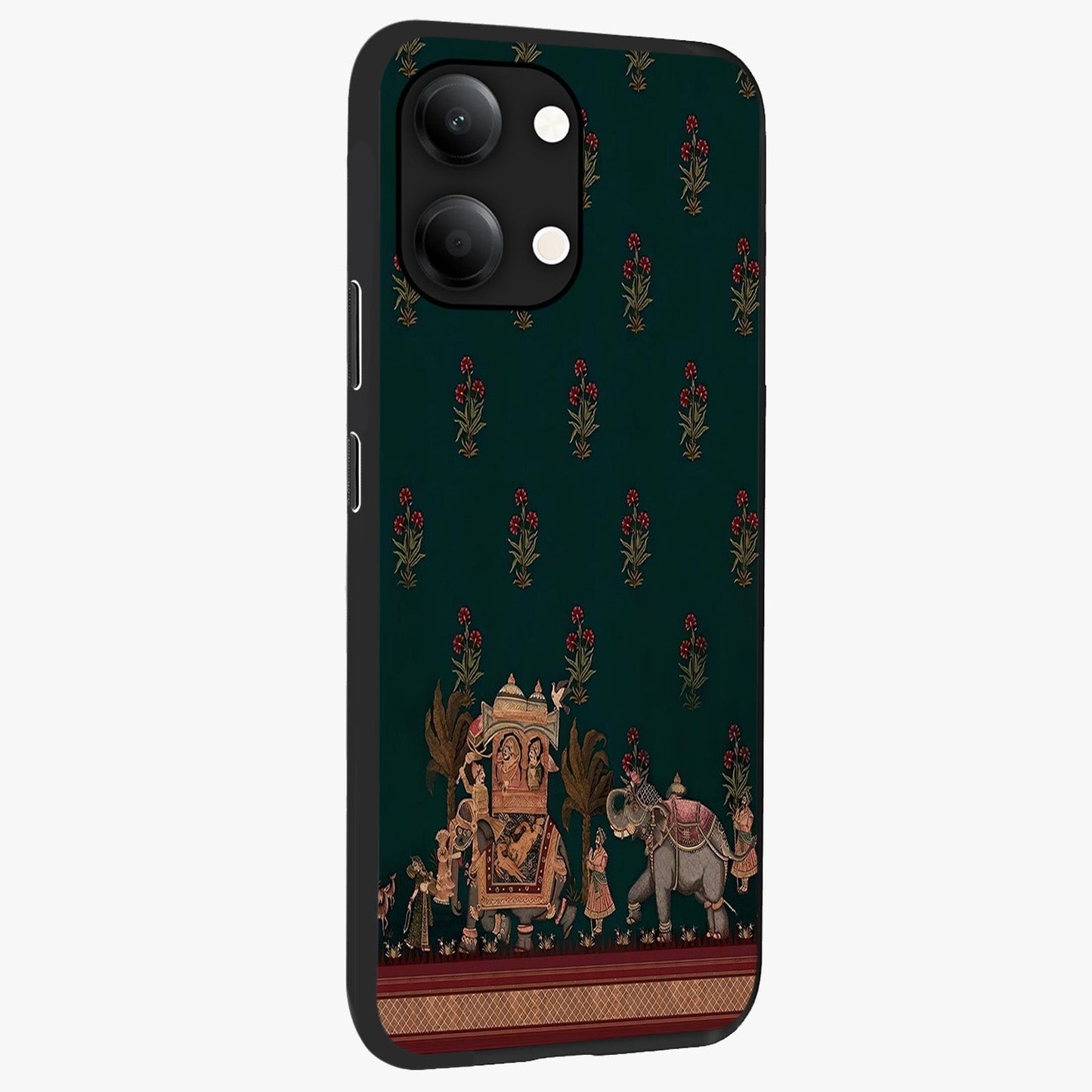 Macmerise Glass Case upright view showcasing bold artistic artwork with contemporary design theme.