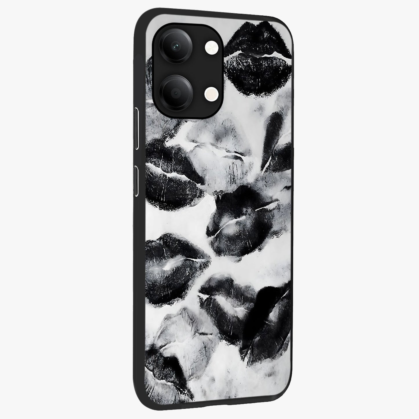 Midnight Kiss Marks Glass Case upright view showcasing stylish kiss mark artwork with trendy romantic theme.