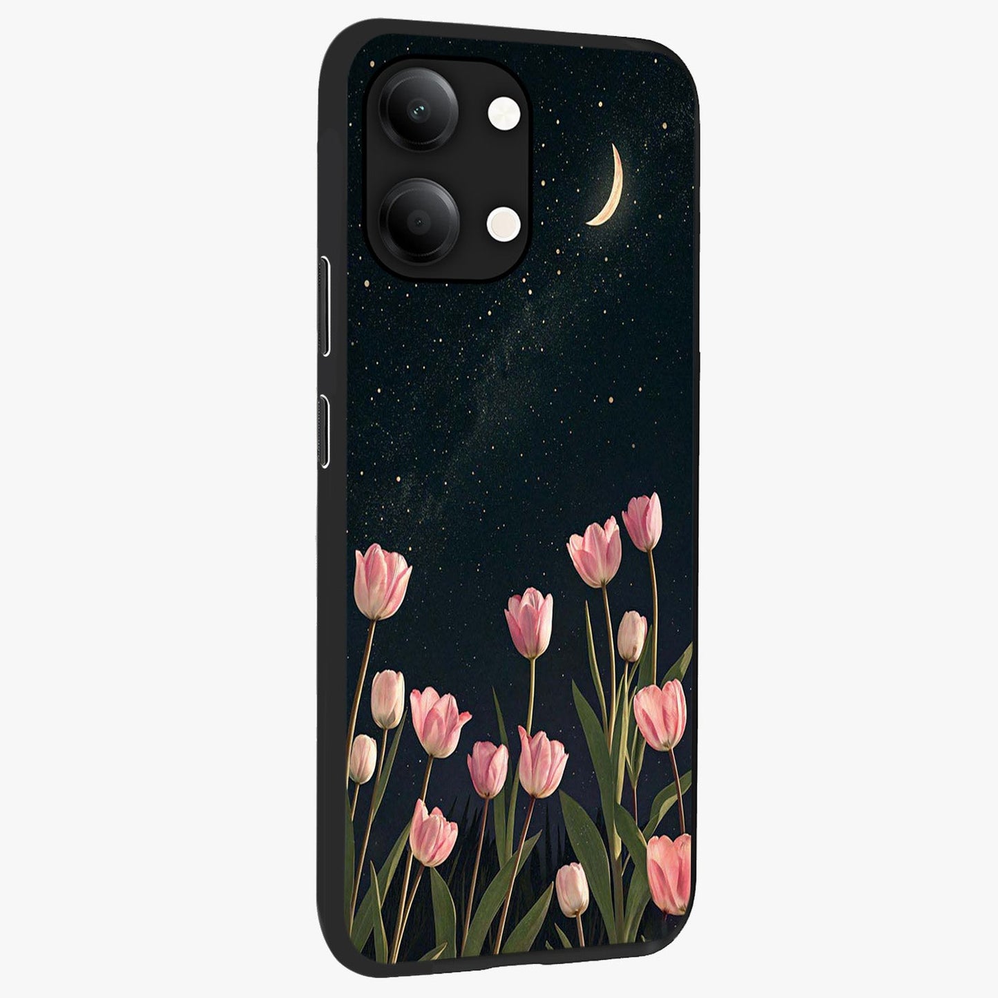 Midnight Tulip Whispers Vibe Glass Case upright view showcasing graceful tulip artwork with calm botanical theme.