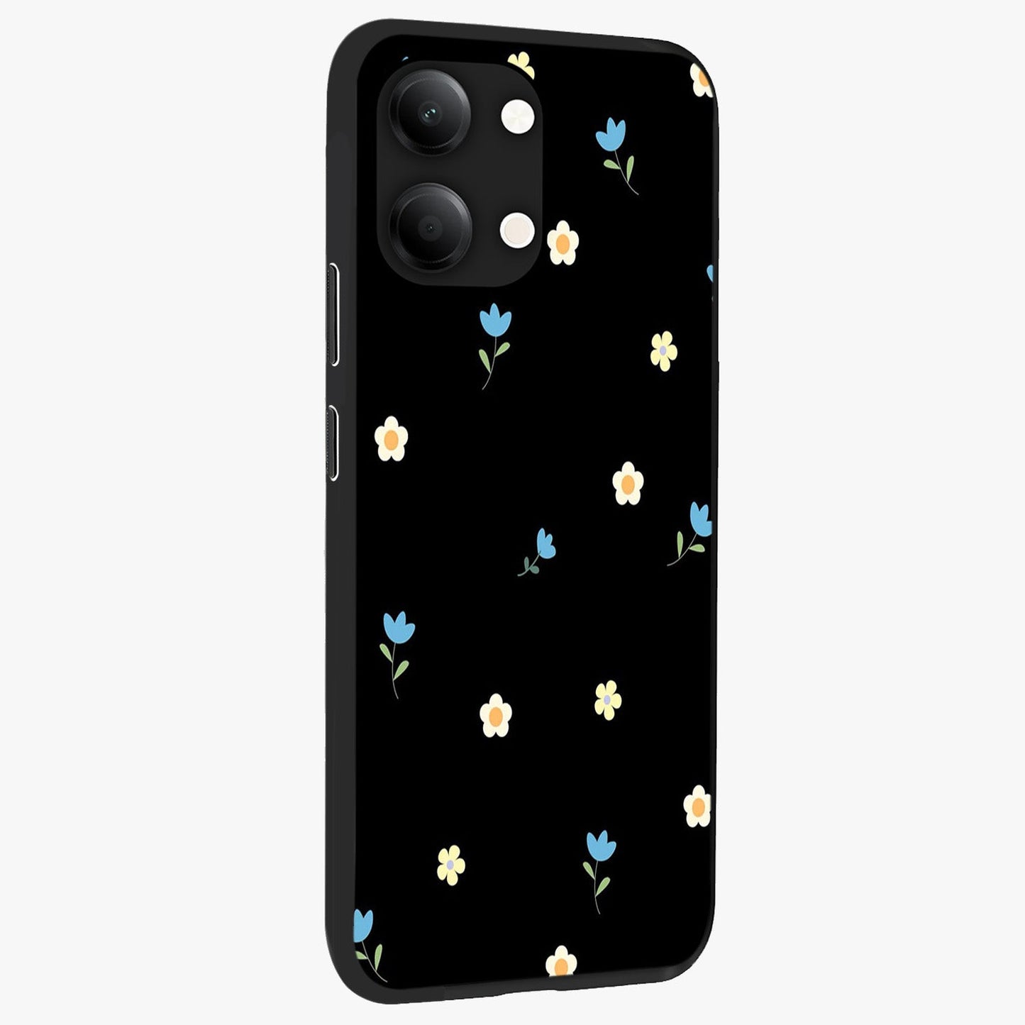 Minimal Petal Whispers Glass Case upright view showcasing elegant floral artwork with modern minimalist style.