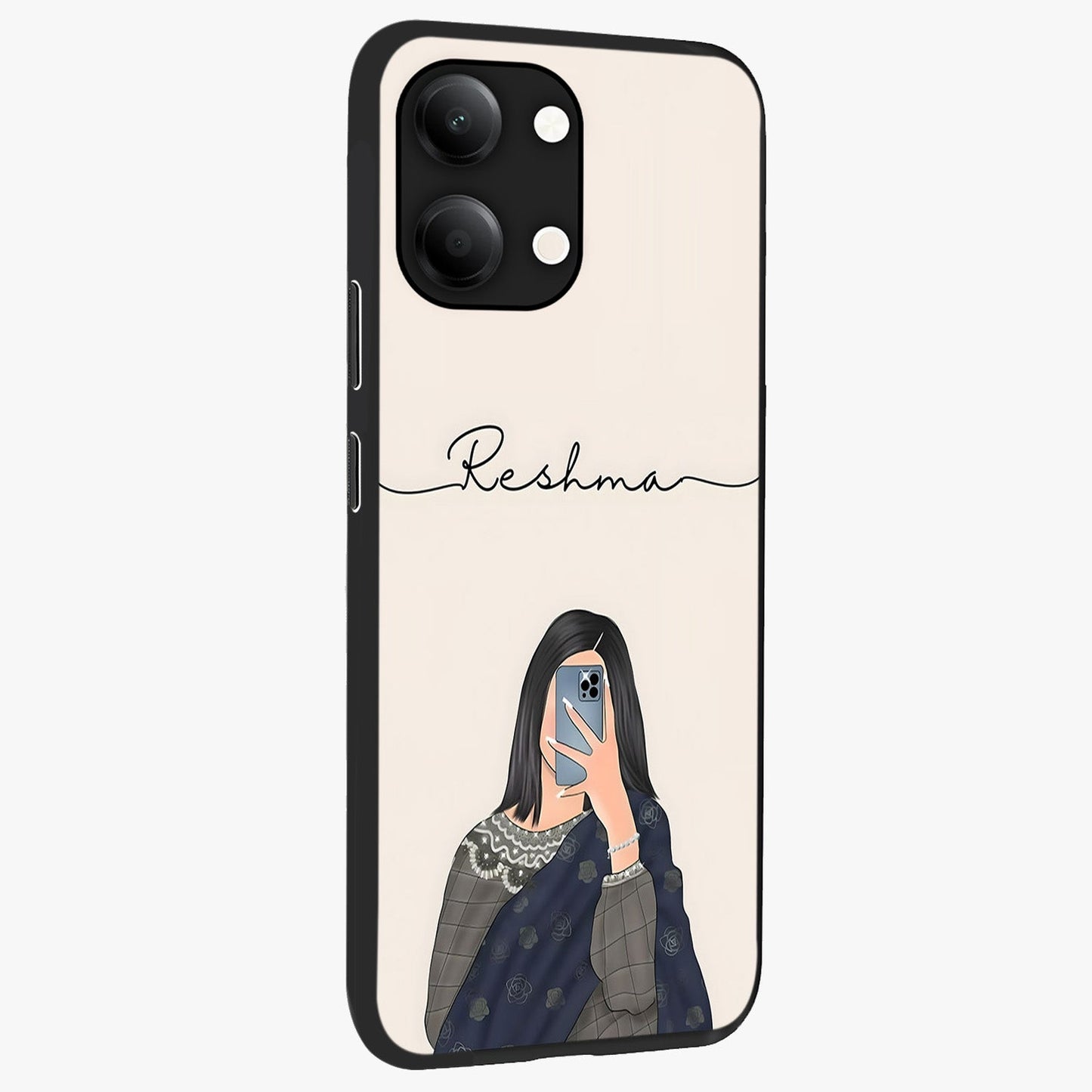 Mirror Mood Muse With Custom Name Glass Case upright view showcasing artistic mirror themed artwork with personalized aesthetic.