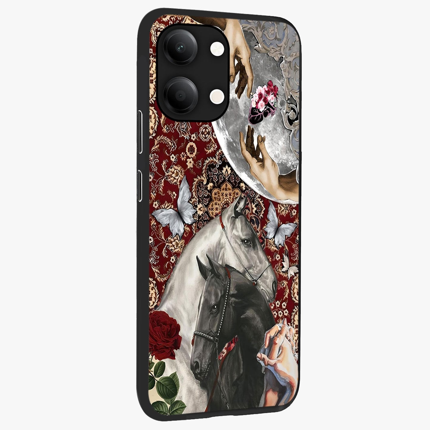 Moonlit Royal Stallion Glass Case upright view showcasing dramatic horse artwork with glowing moon themed design.