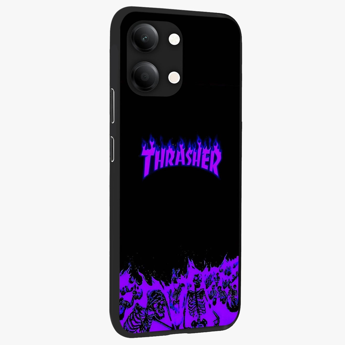 Neon Flame Riot Glass Case upright view showcasing dynamic flame artwork with energetic neon theme.