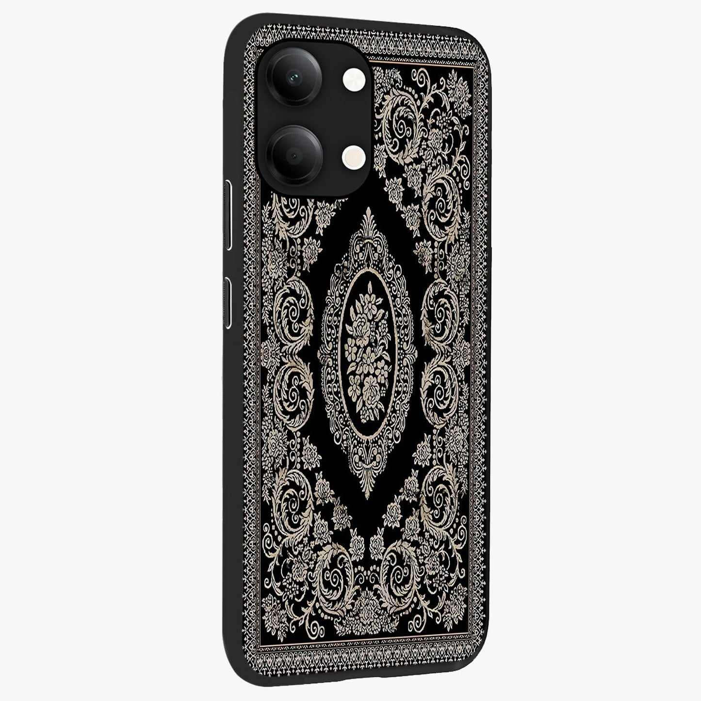 Noir Bloom Elegance Glass Case upright view showcasing graceful floral artwork with luxurious dark theme.