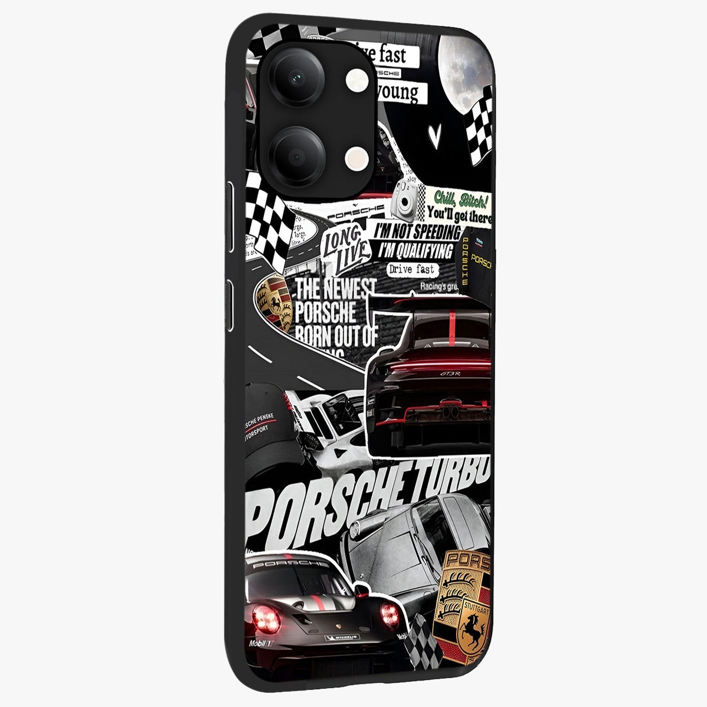 Porsche Racing Collage Glass Case upright view showcasing energetic car collage artwork with high speed racing theme.