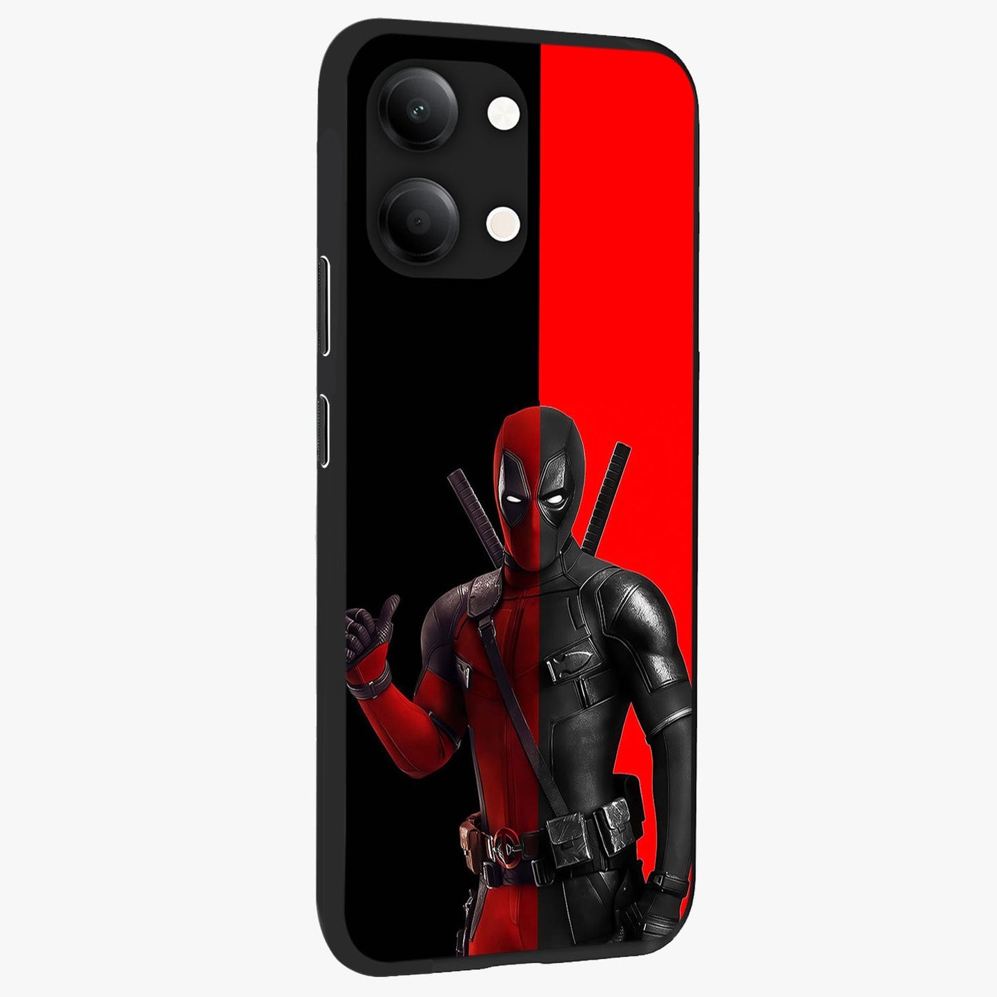 Red & Black Deadpool Theme Glass Case upright view showcasing energetic comic themed artwork with striking red and black design.