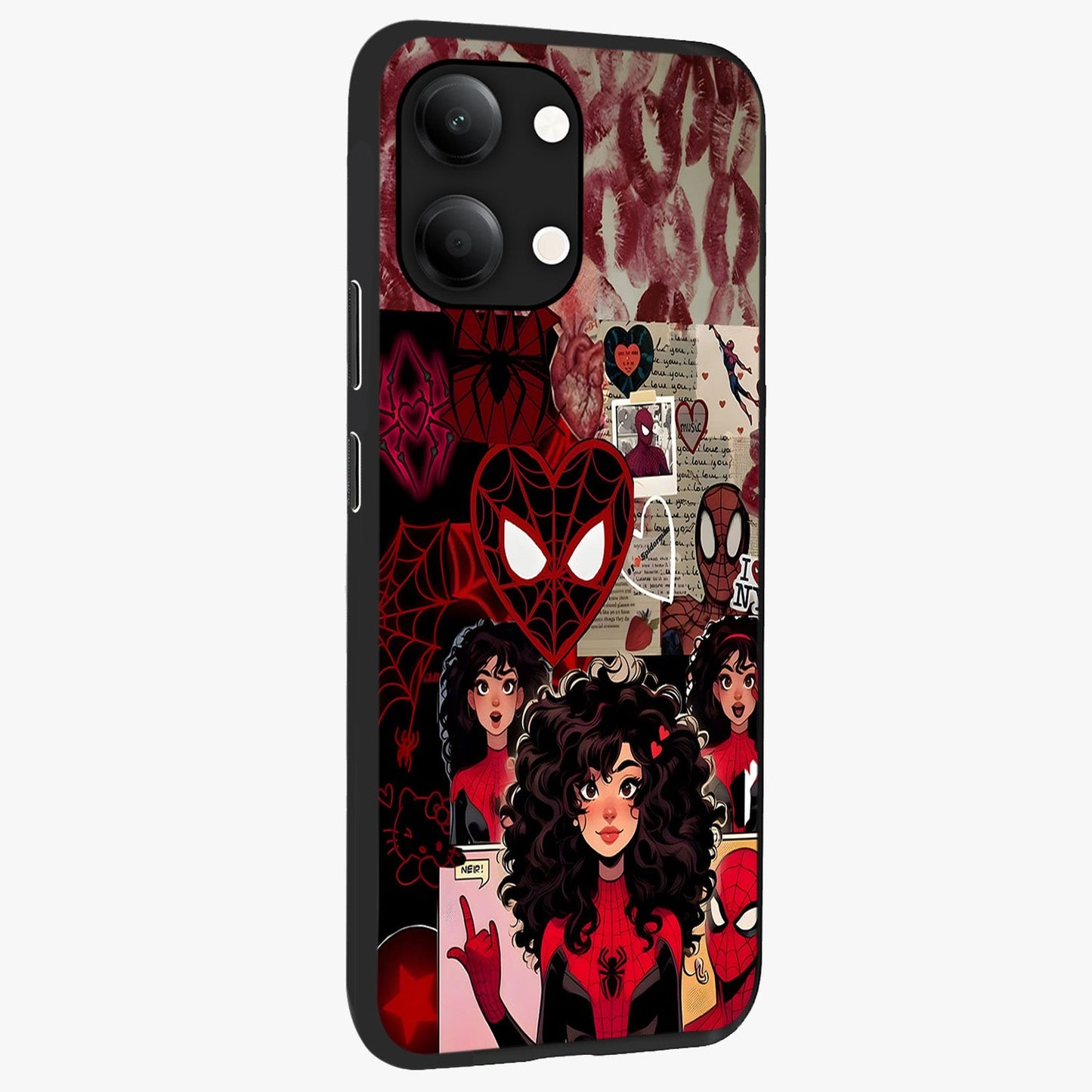 Spider Love Story Glass Case upright view showcasing charming superhero artwork with romantic comic theme.