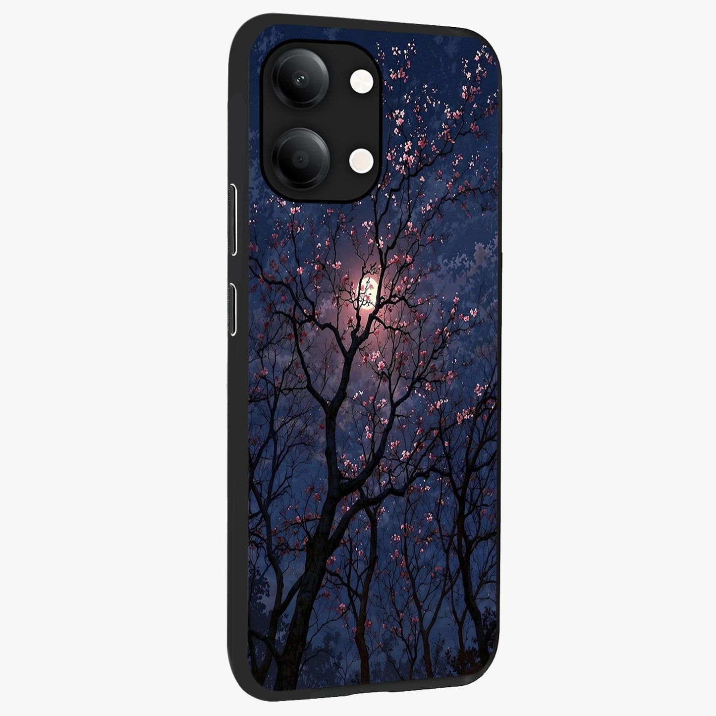 Twilight Sakura Serenade Glass Case upright view showcasing beautiful cherry blossom artwork with serene evening theme.