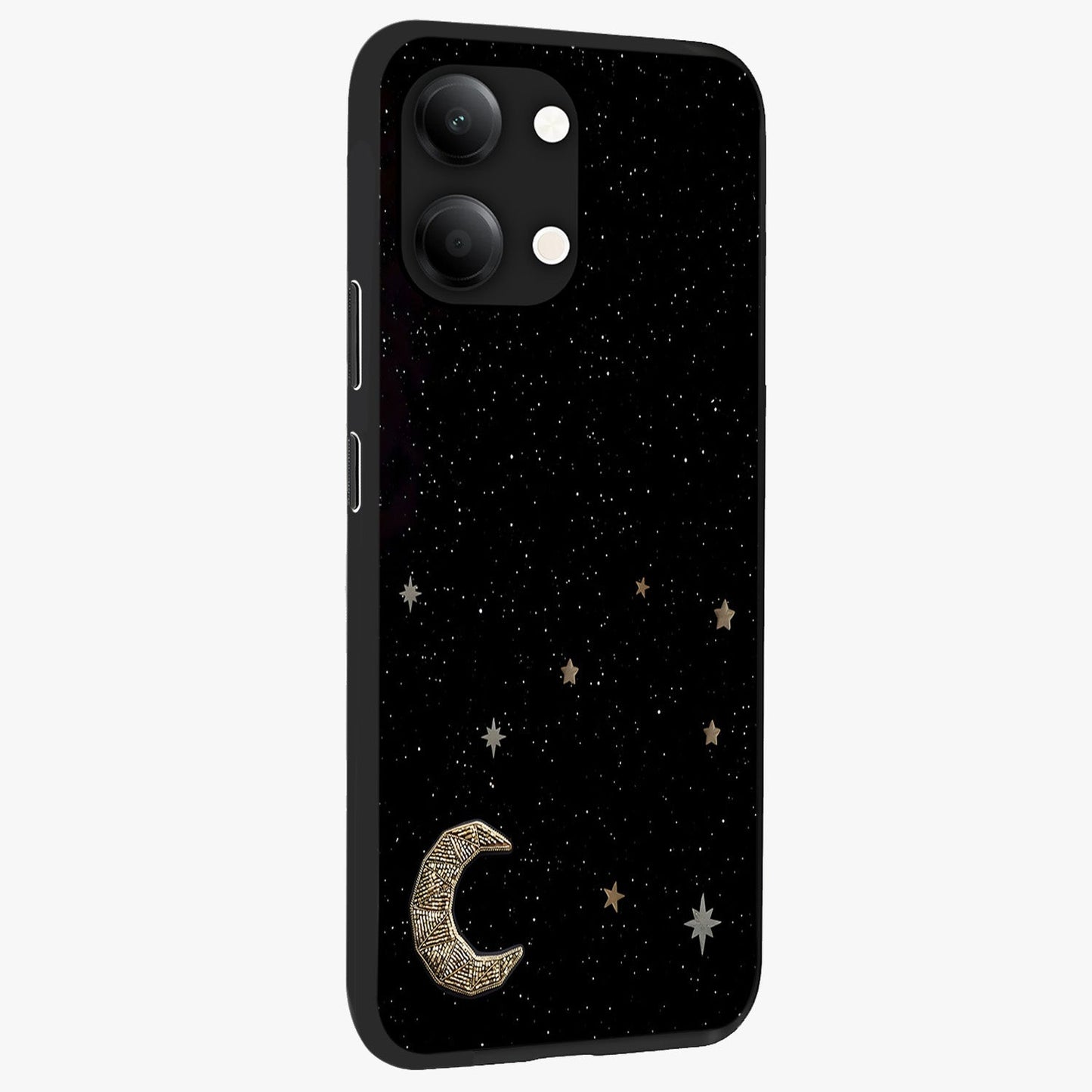 Twinkle Star With Half Moon Glass Case upright view showcasing glowing cosmic artwork with dreamy night theme.