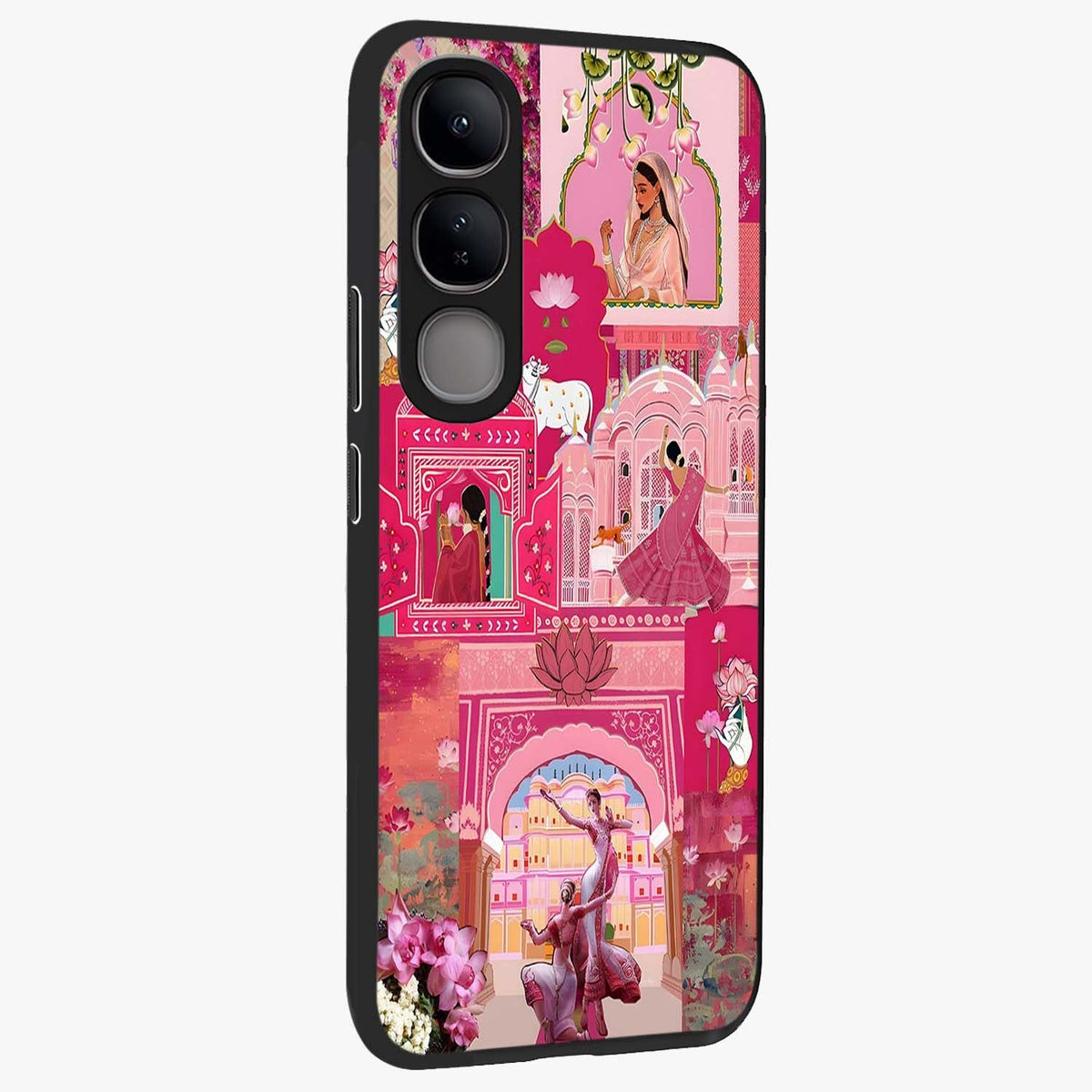 Blossoms of Rajasthan Glass Case upright view showcasing colorful floral design inspired by traditional Indian art.