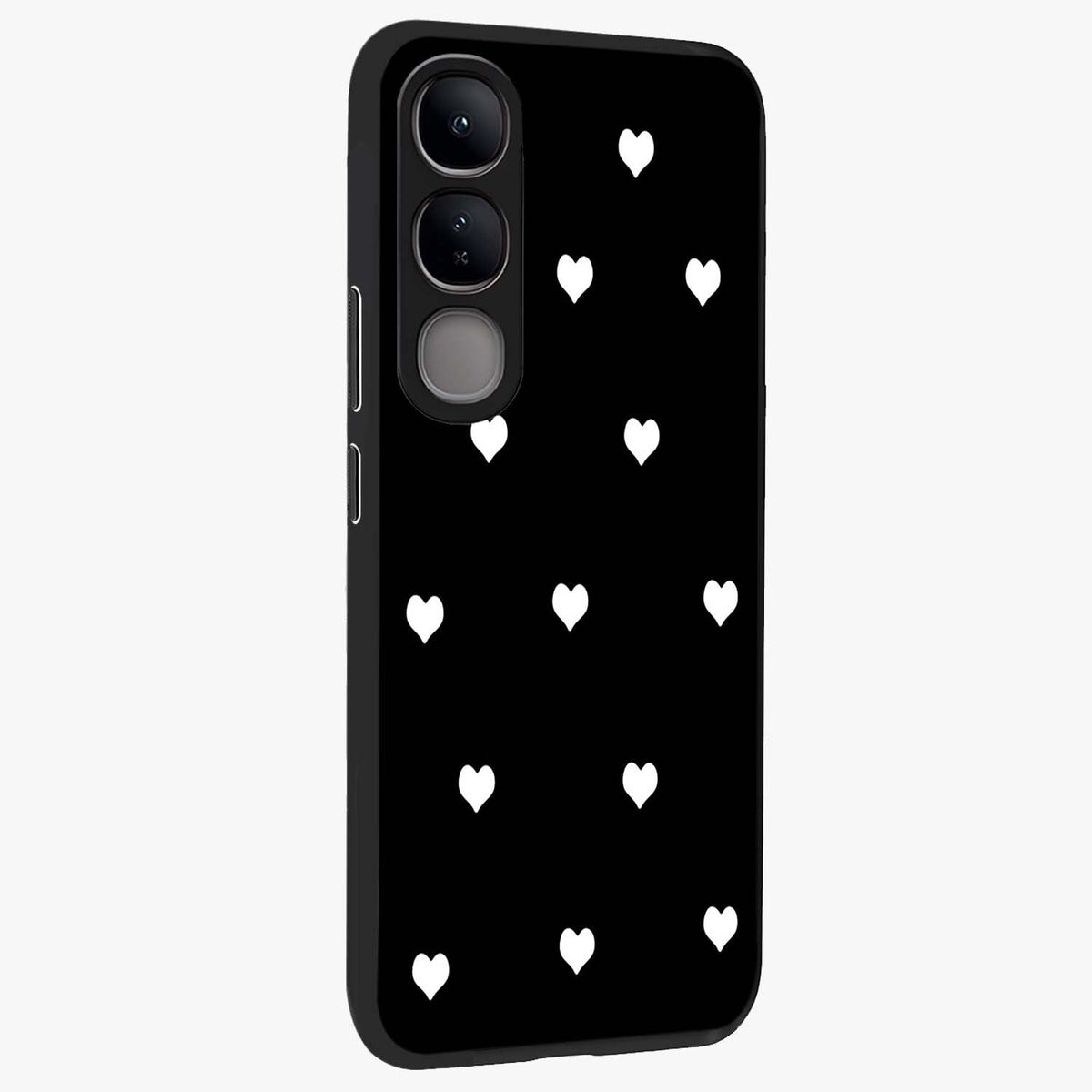 Cute And Simple White Hearts Glass Case upright view showcasing simple white hearts artwork with soft minimal theme.