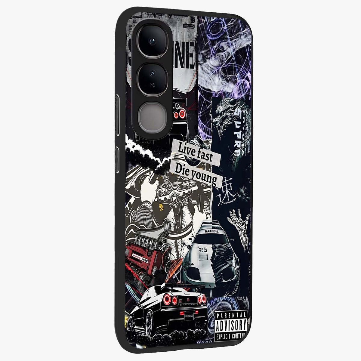 Die Young Glass Case upright view showcasing striking typography artwork with modern statement theme.