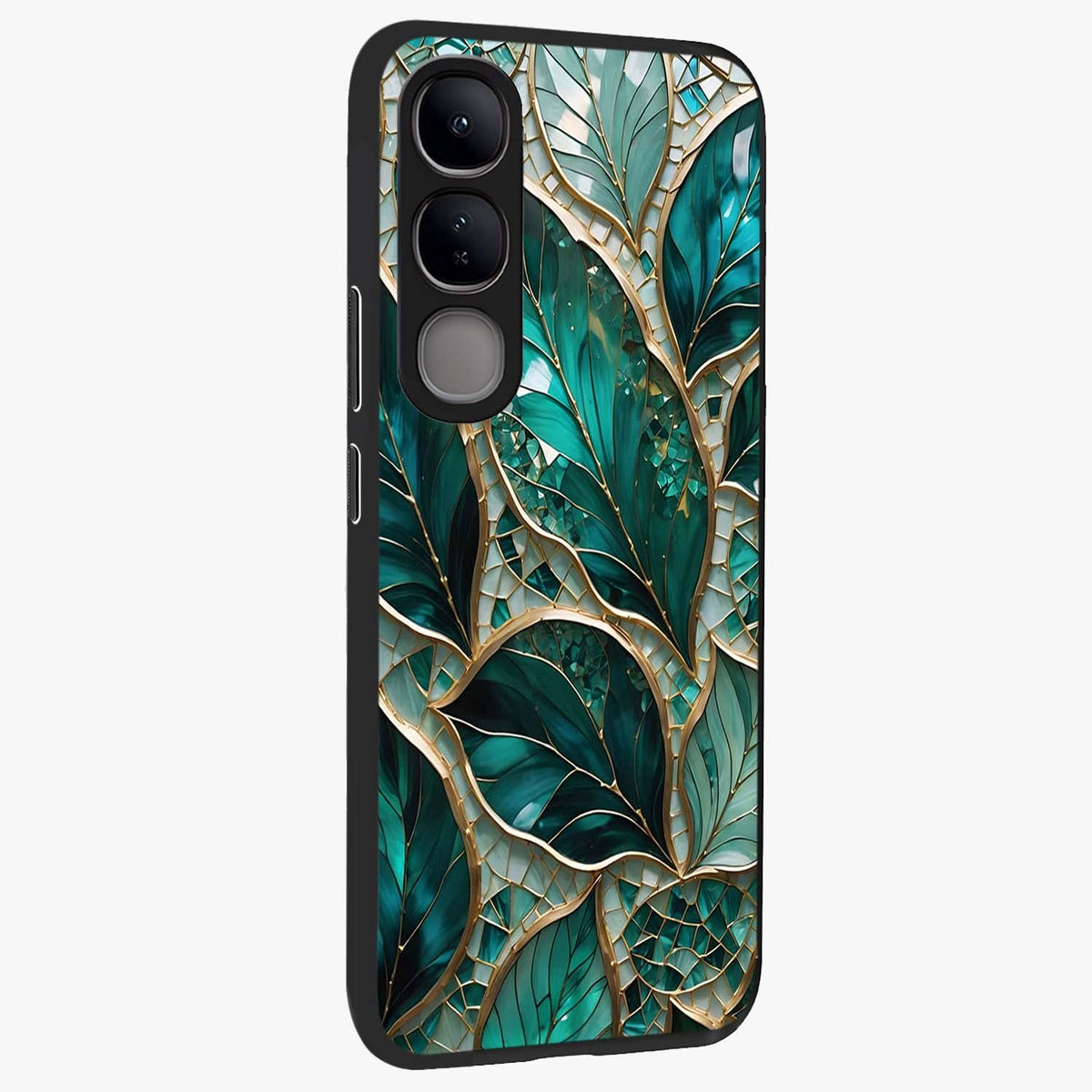 Emerald Leaf Glass Glass Case upright view showcasing fresh green leaf artwork with calming nature inspired style.