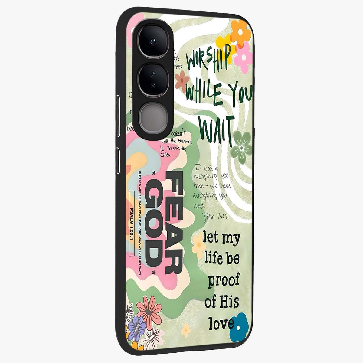 Faith Over Fear Glass Case upright view showcasing bold typography artwork with uplifting motivational theme.