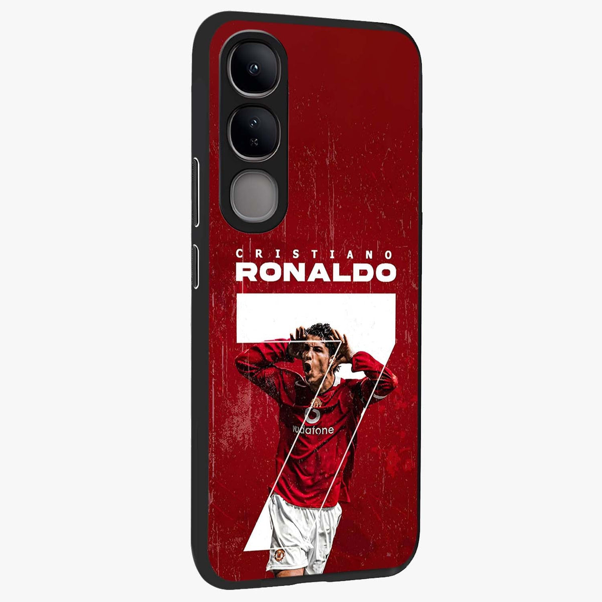 Goal Celebration Legacy Glass Case upright view showcasing dynamic football inspired artwork with victory celebration aesthetic.