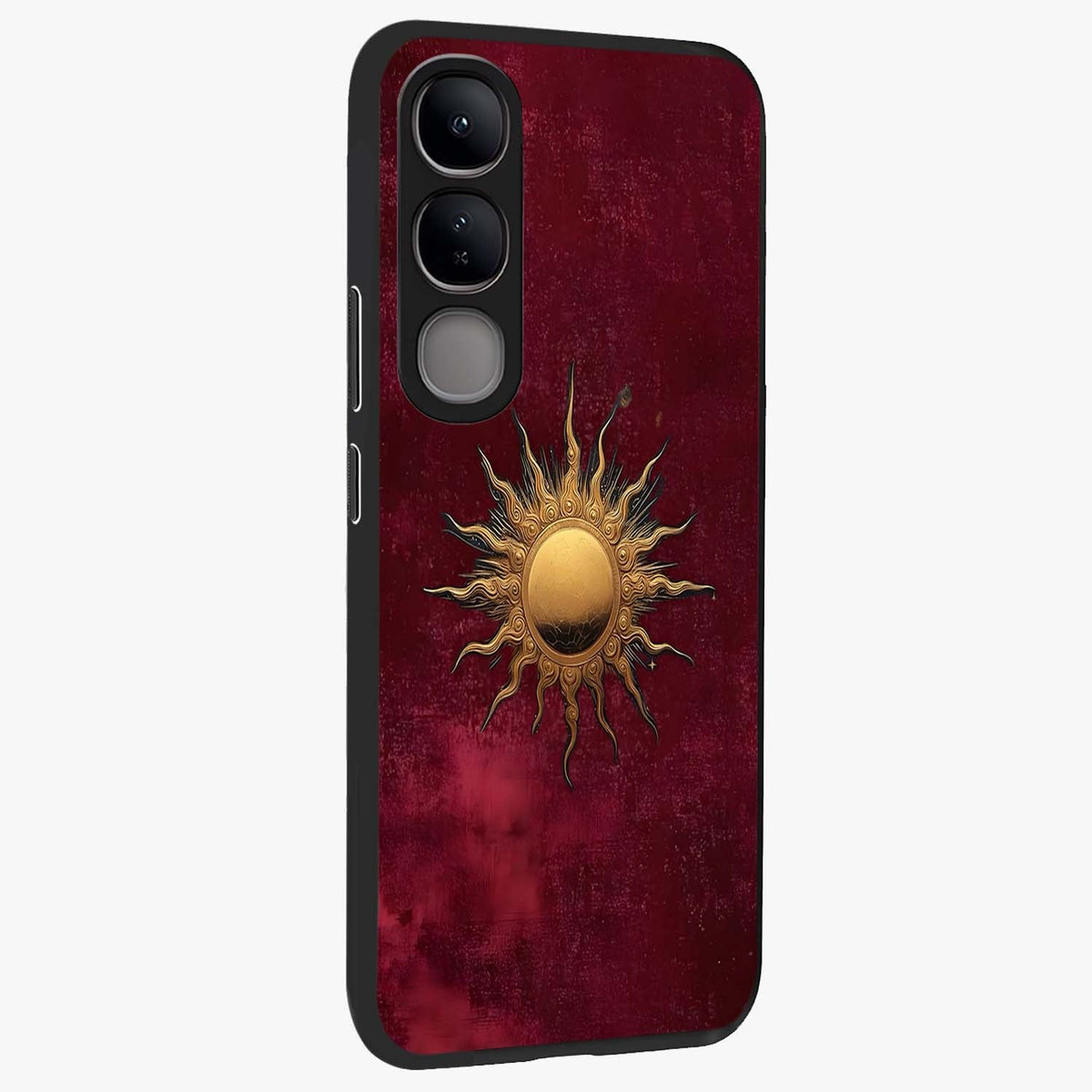 Golden Sun Minimalism Glass Case upright view showcasing simple golden sun artwork with elegant minimalist style.