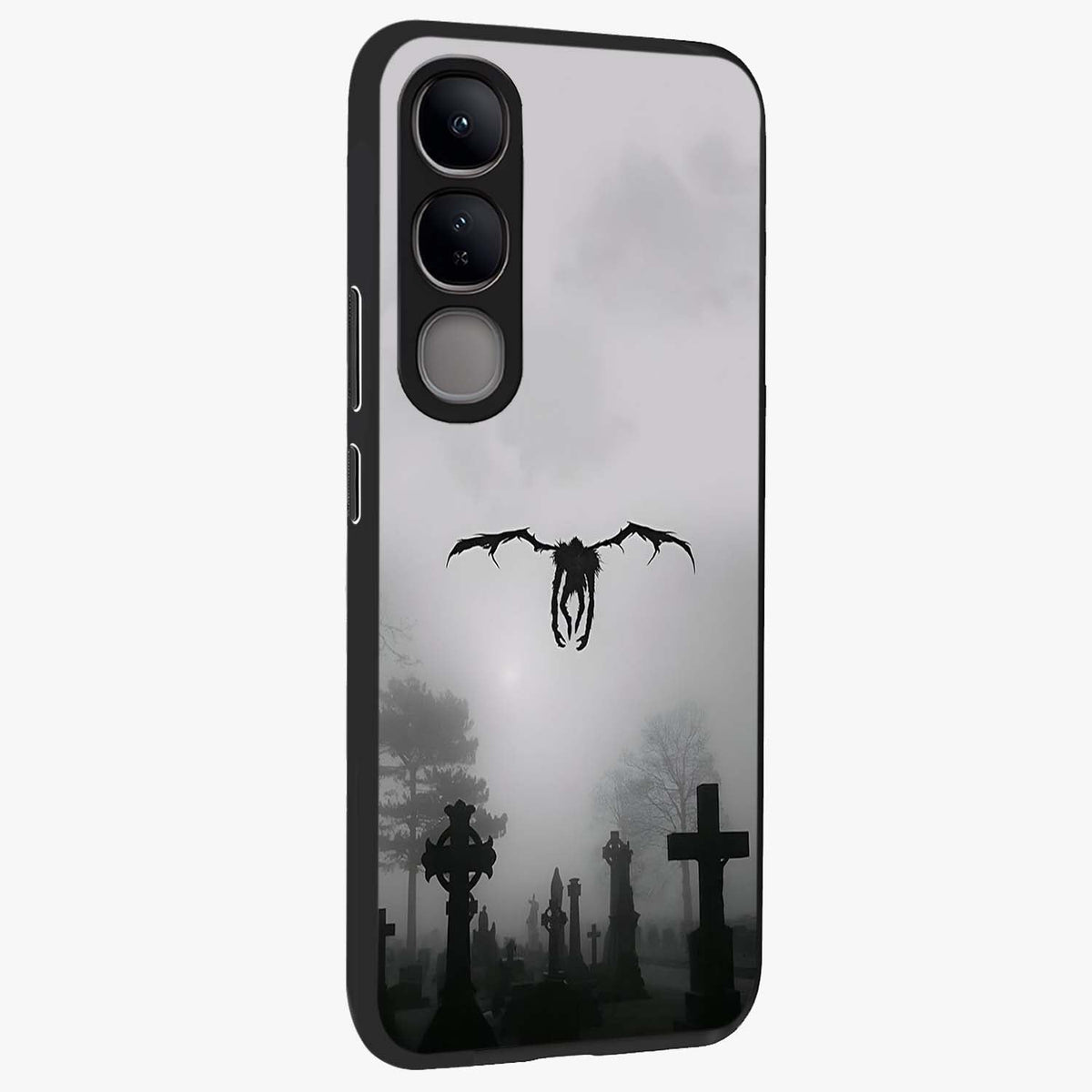Graveyard Shadow Descent Glass Case upright view showcasing haunting graveyard artwork with dramatic dark theme.