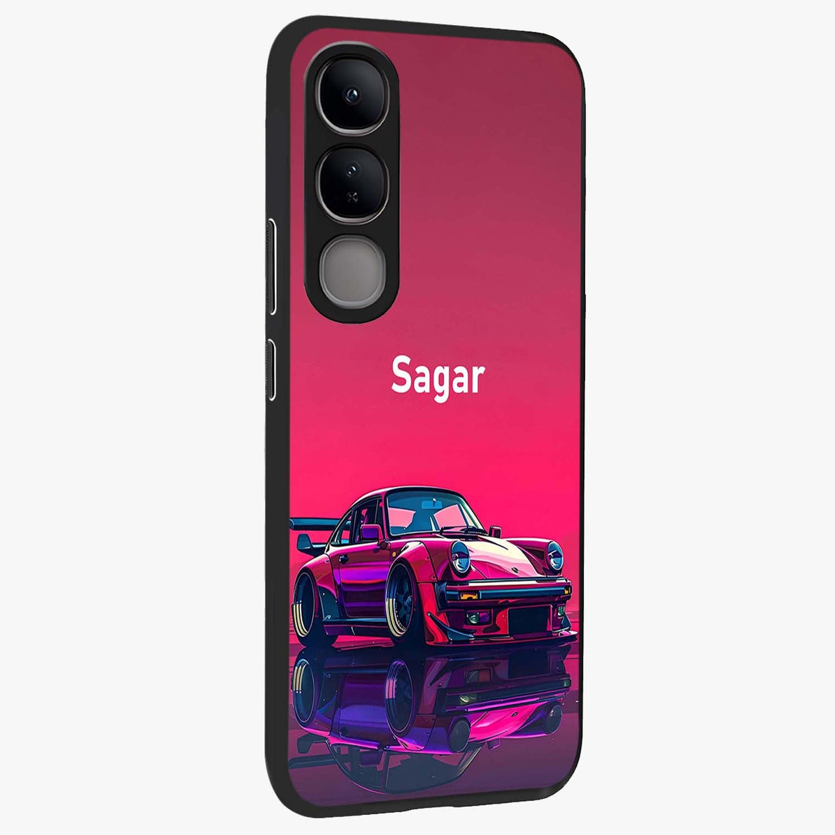 Neon Pink Porsche Glass Case upright view showcasing vibrant sports car artwork with bold automotive theme.