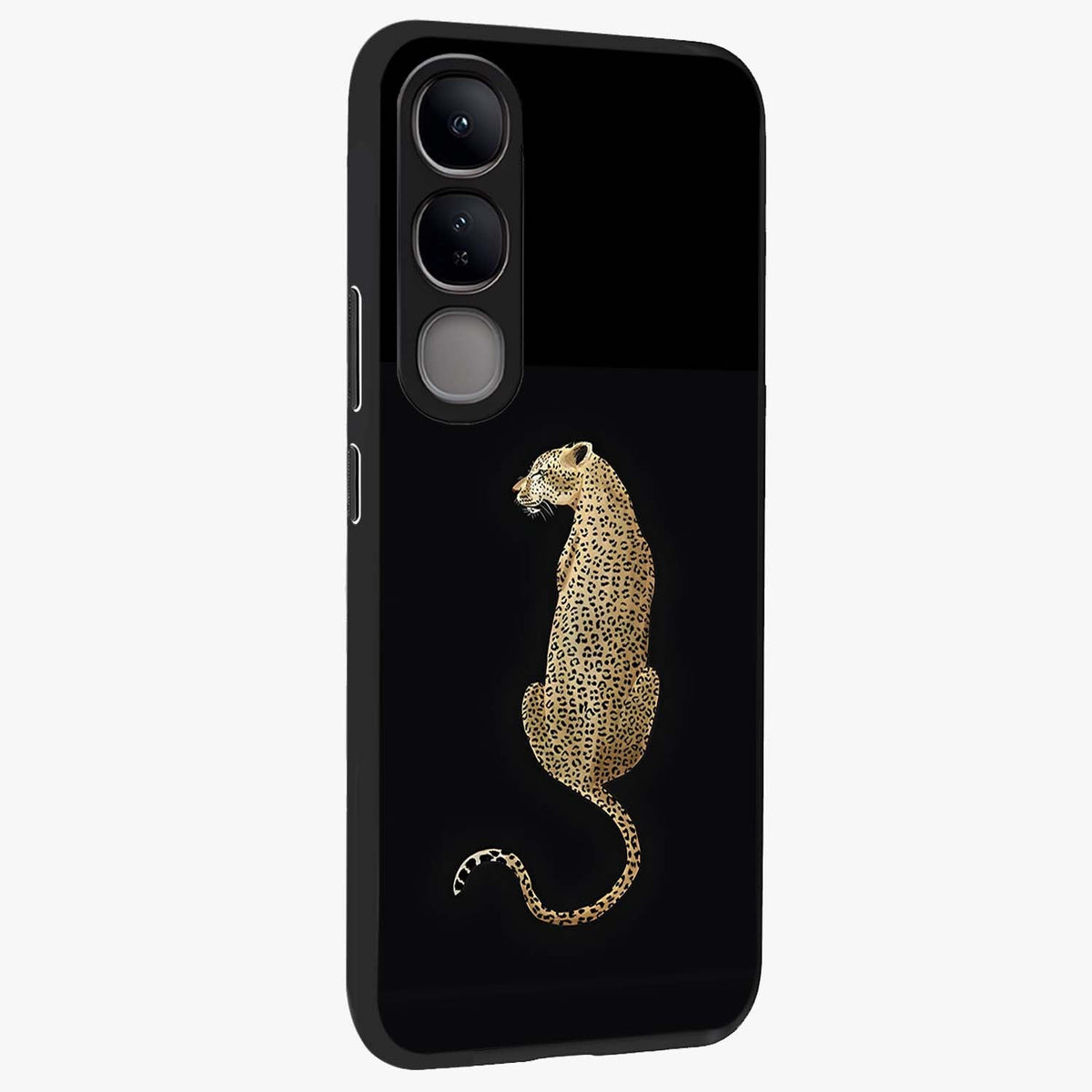 Regal Leopard Glass Case upright view showcasing striking leopard artwork with fierce wildlife theme.