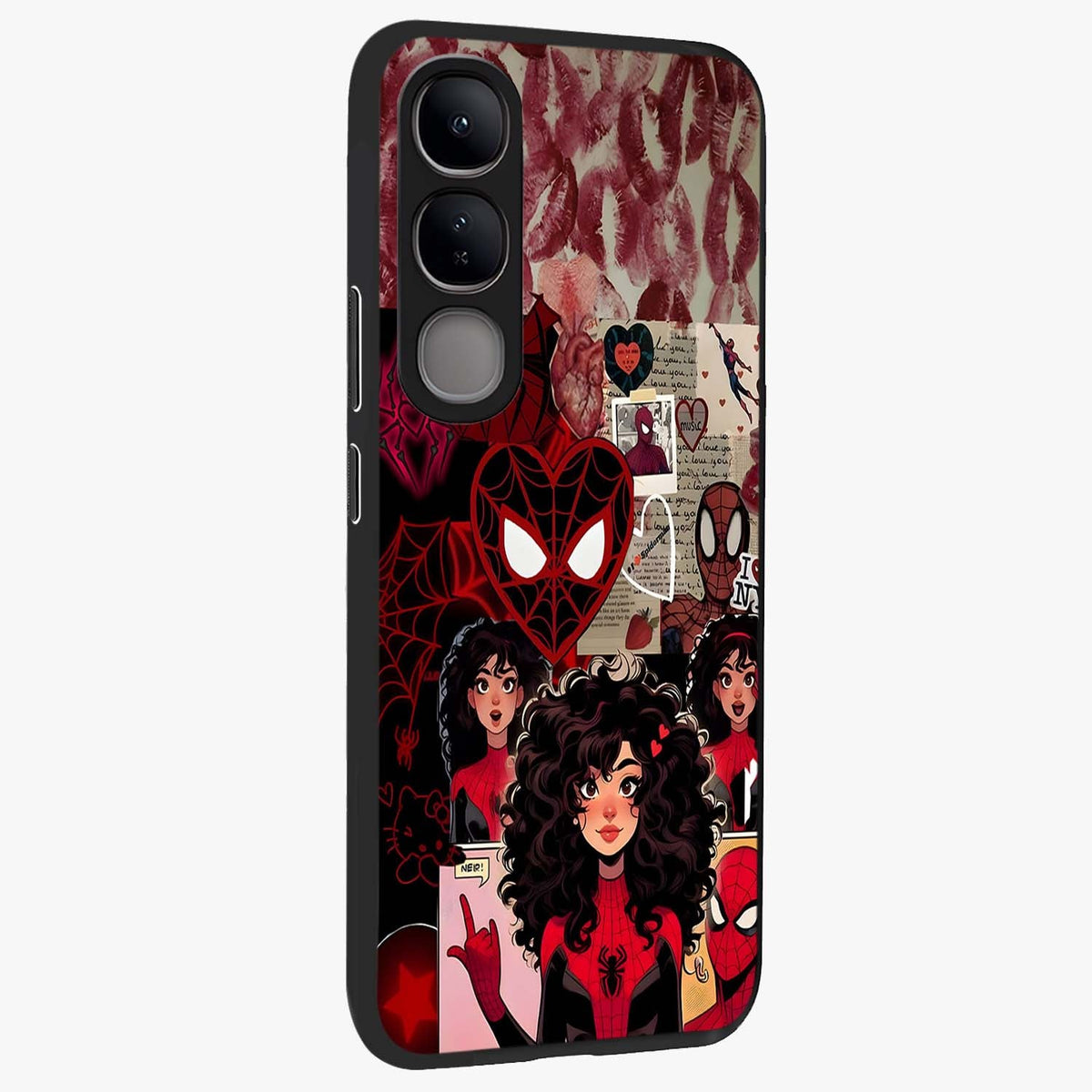 Spider Love Story Glass Case upright view showcasing charming superhero artwork with romantic comic theme.