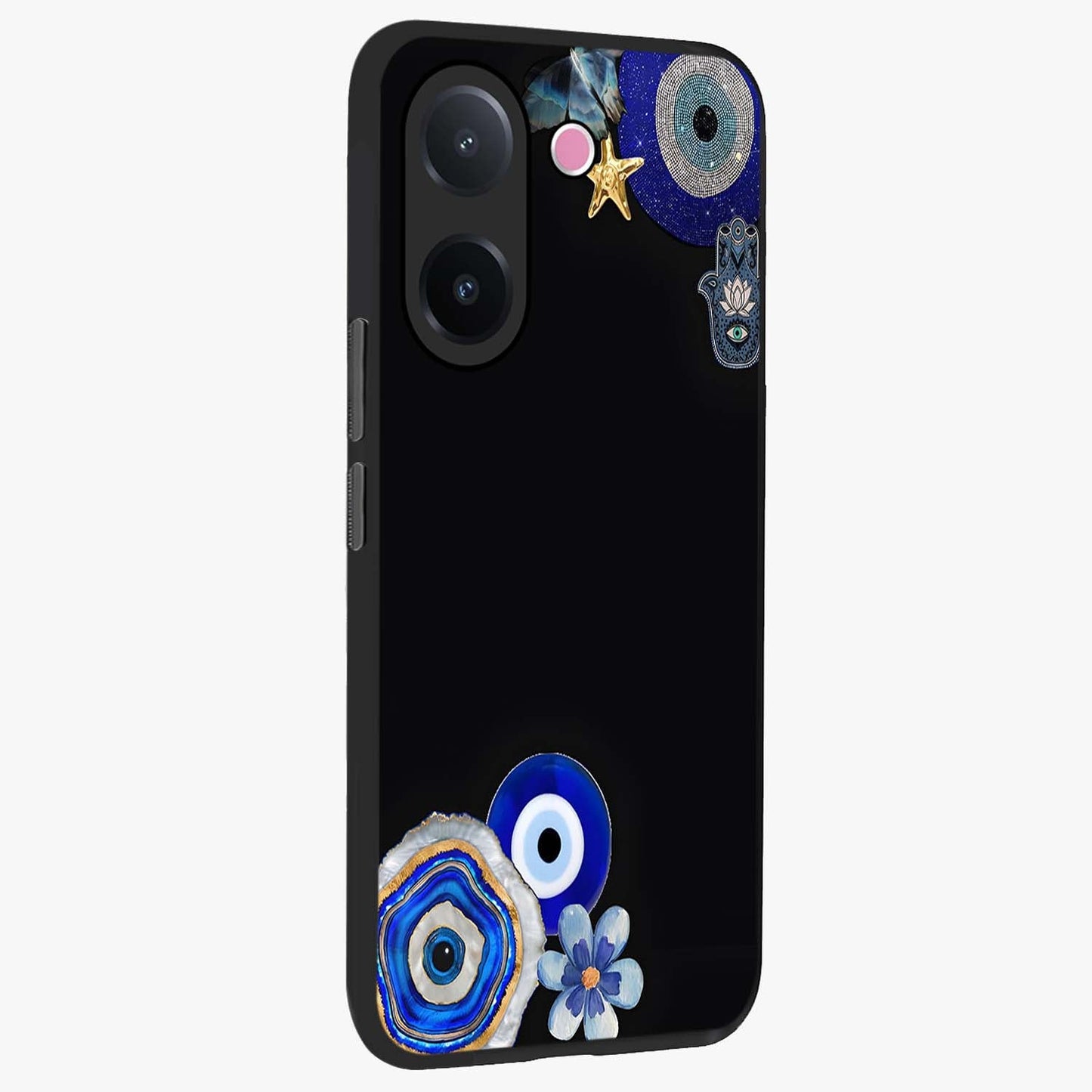 Aesthetic Blue Evil Eye Glass Case upright view showcasing mystical evil eye graphic with minimal aesthetic style.