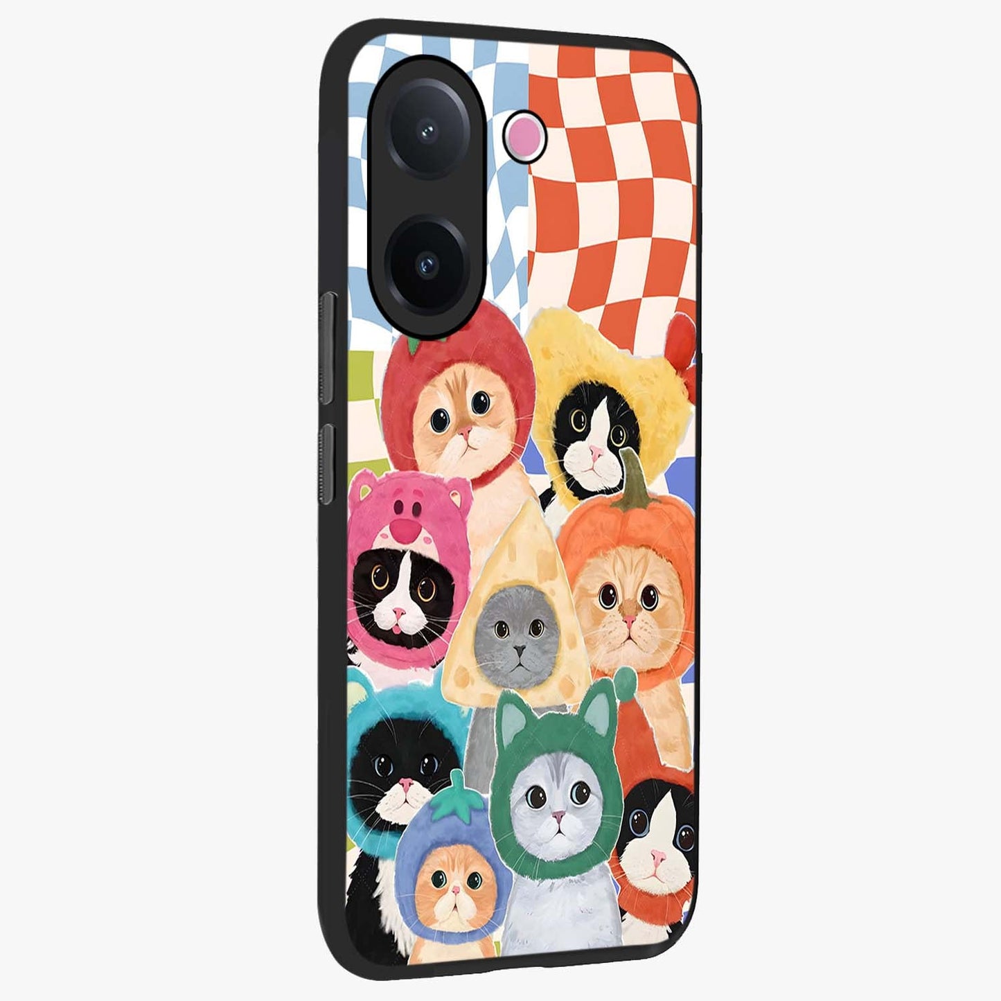 Cats in Fruits Glass Case upright view showcasing charming cat artwork with fun fruity theme.