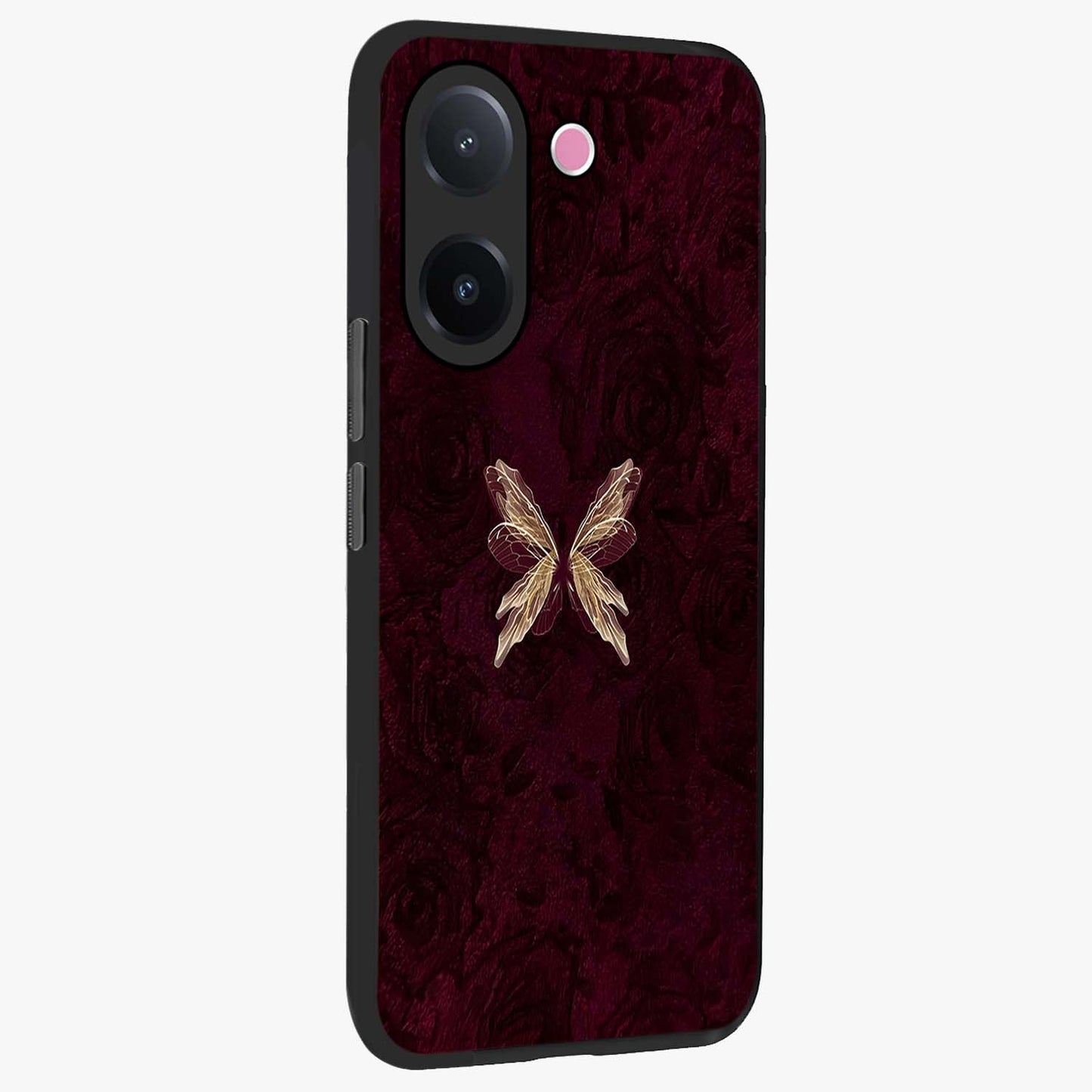 Crimson Fade Butterfly Glass Case upright view showcasing graceful butterfly artwork with soft crimson fade effect.