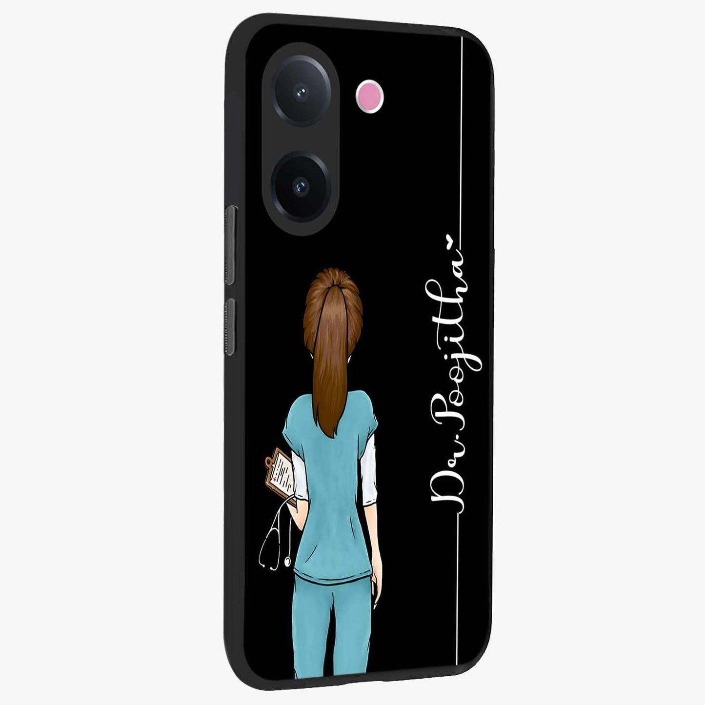 Doctor Pattern Custom Name Glass Case upright view showcasing healthcare themed design with personalized aesthetic.