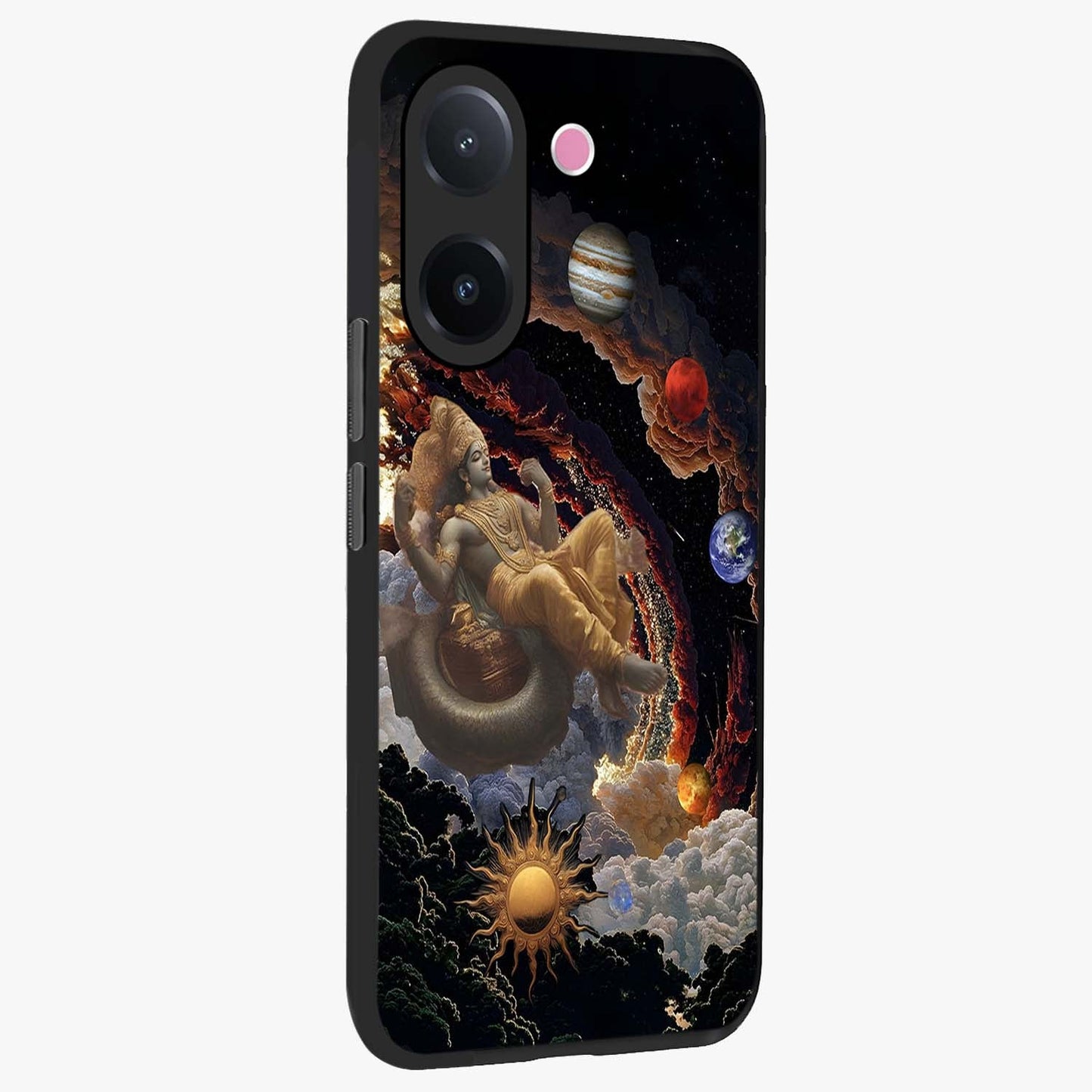 Galactic Divine God Glass Case upright view showcasing mystical divine artwork with dramatic cosmic theme.