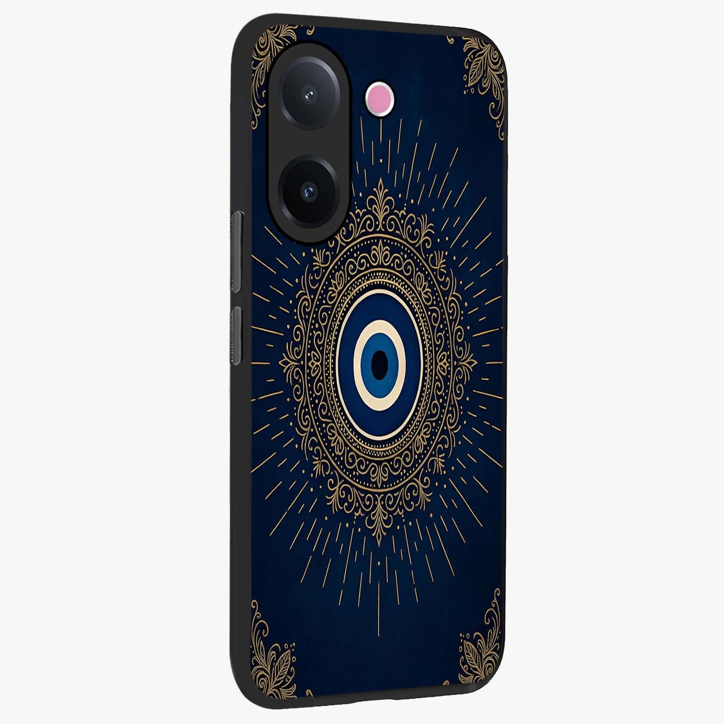 Golden Celestial Charm Glass Case upright view showcasing radiant celestial artwork with elegant golden theme.