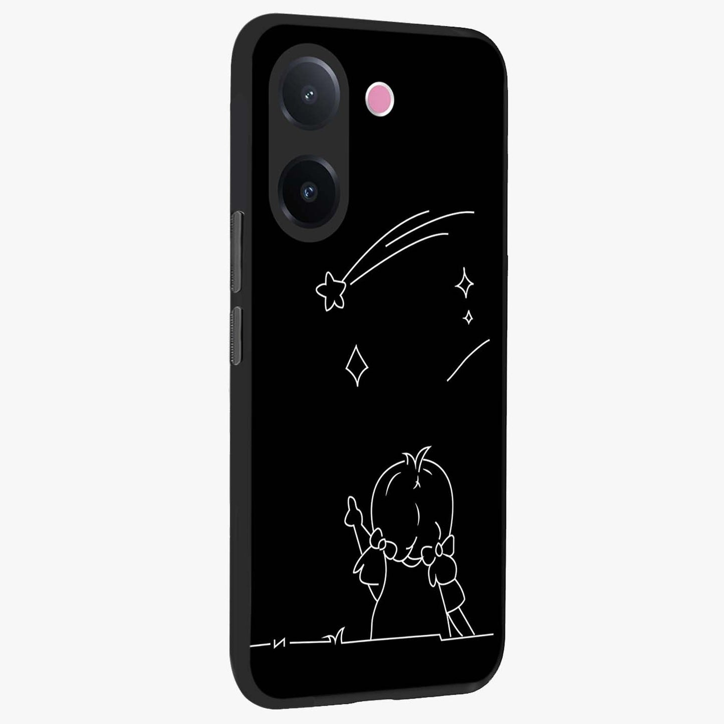 Line Art Girl With Shooting Stars Glass Case upright view showcasing delicate shooting stars artwork with minimal artistic theme.