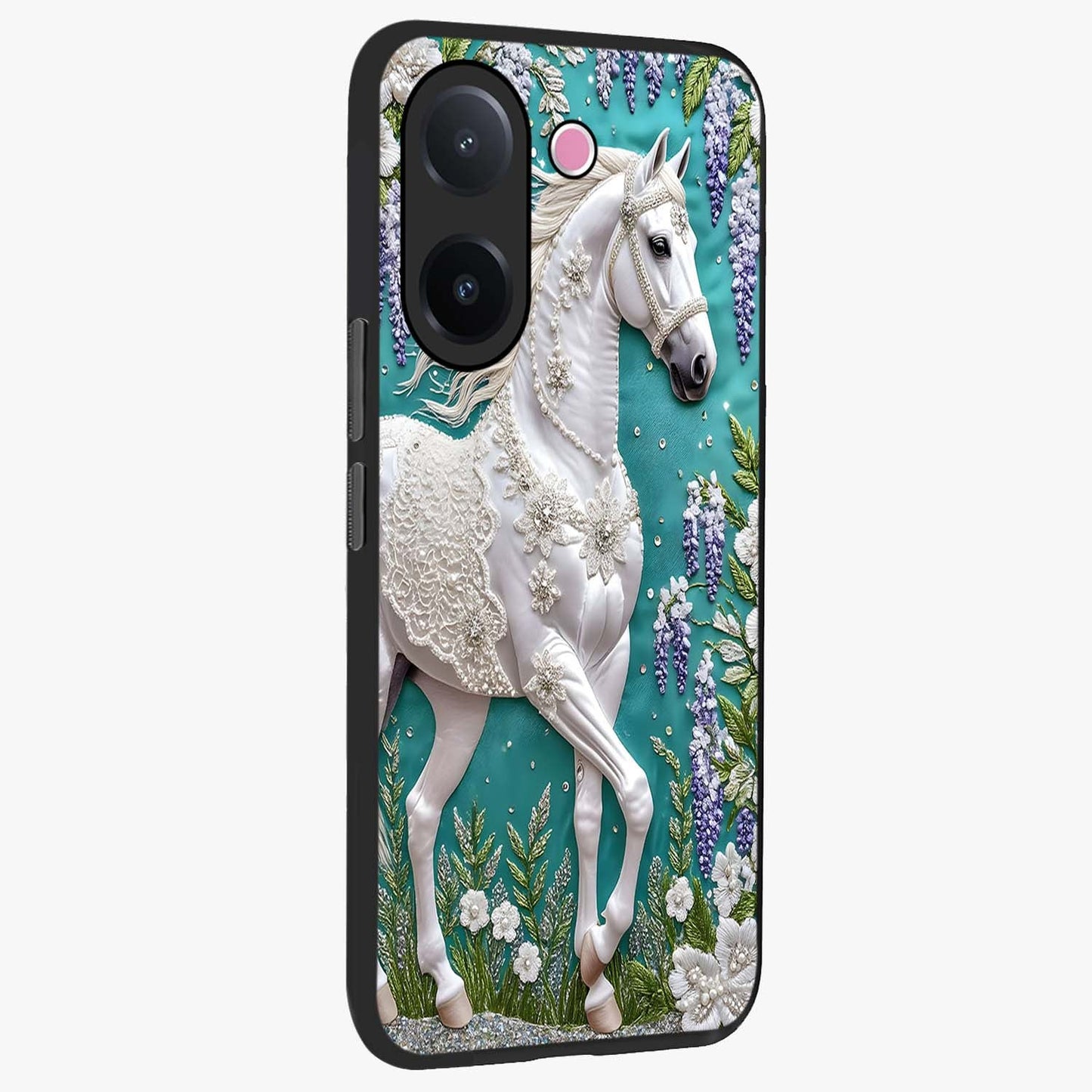 Majestic Floral Stallion Glass Case upright view showcasing dramatic horse artwork with decorative floral theme.