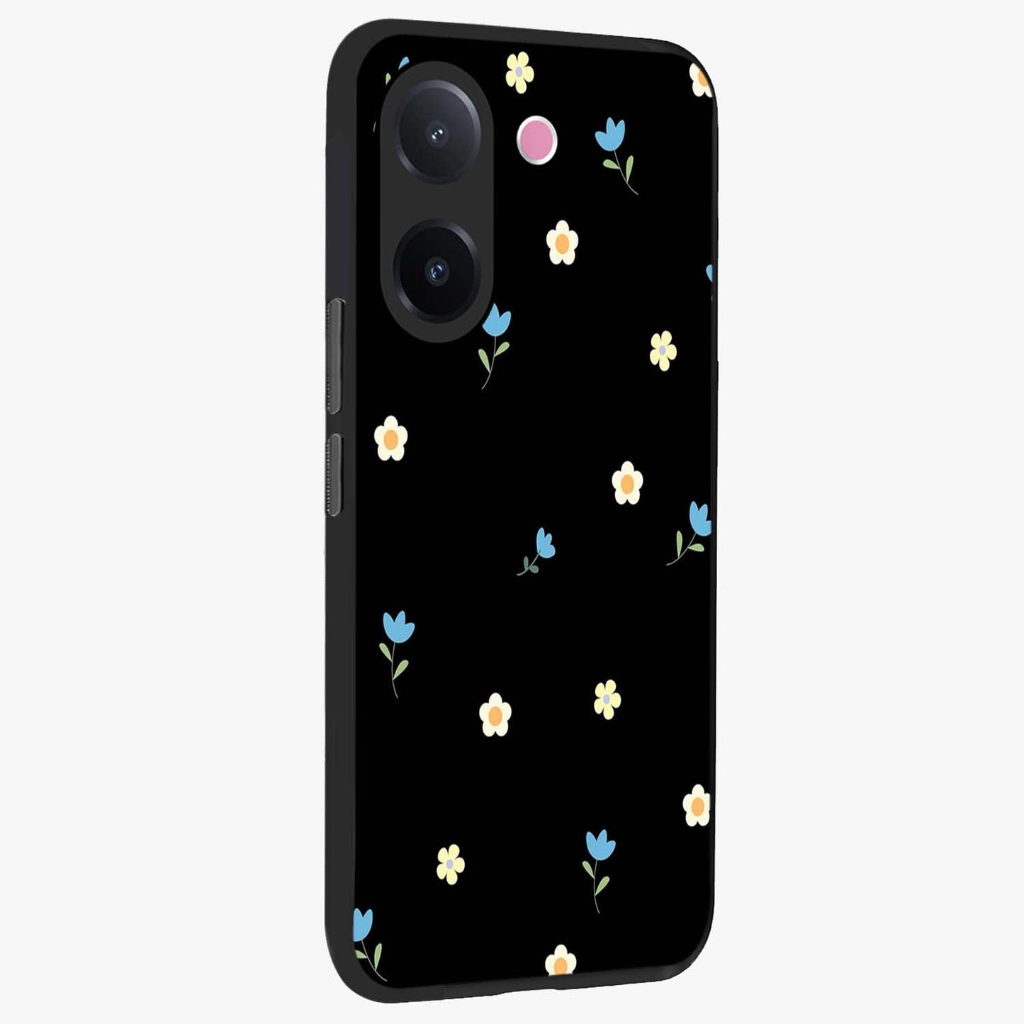 Minimal Petal Whispers Glass Case upright view showcasing elegant floral artwork with modern minimalist style.