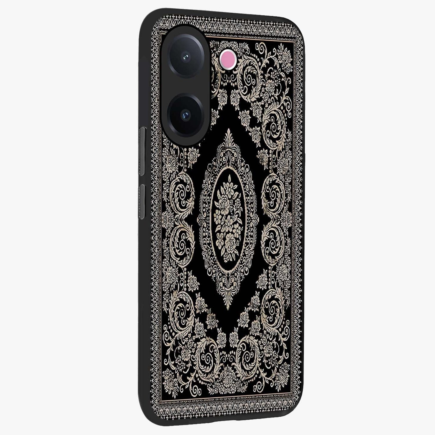 Noir Bloom Elegance Glass Case upright view showcasing graceful floral artwork with luxurious dark theme.