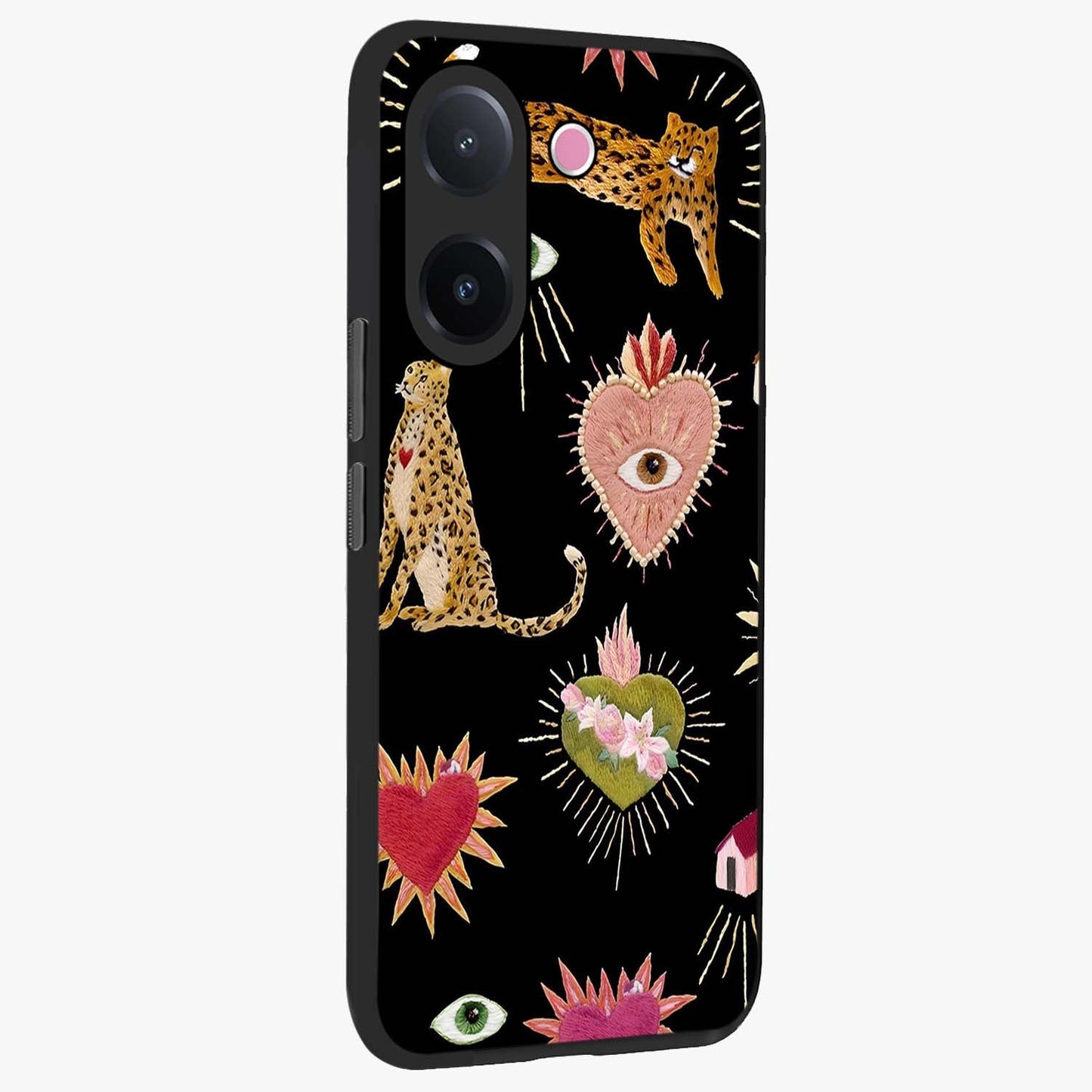 Sacred Jungle Heart Glass Case upright view showcasing vibrant jungle artwork with symbolic heart theme.