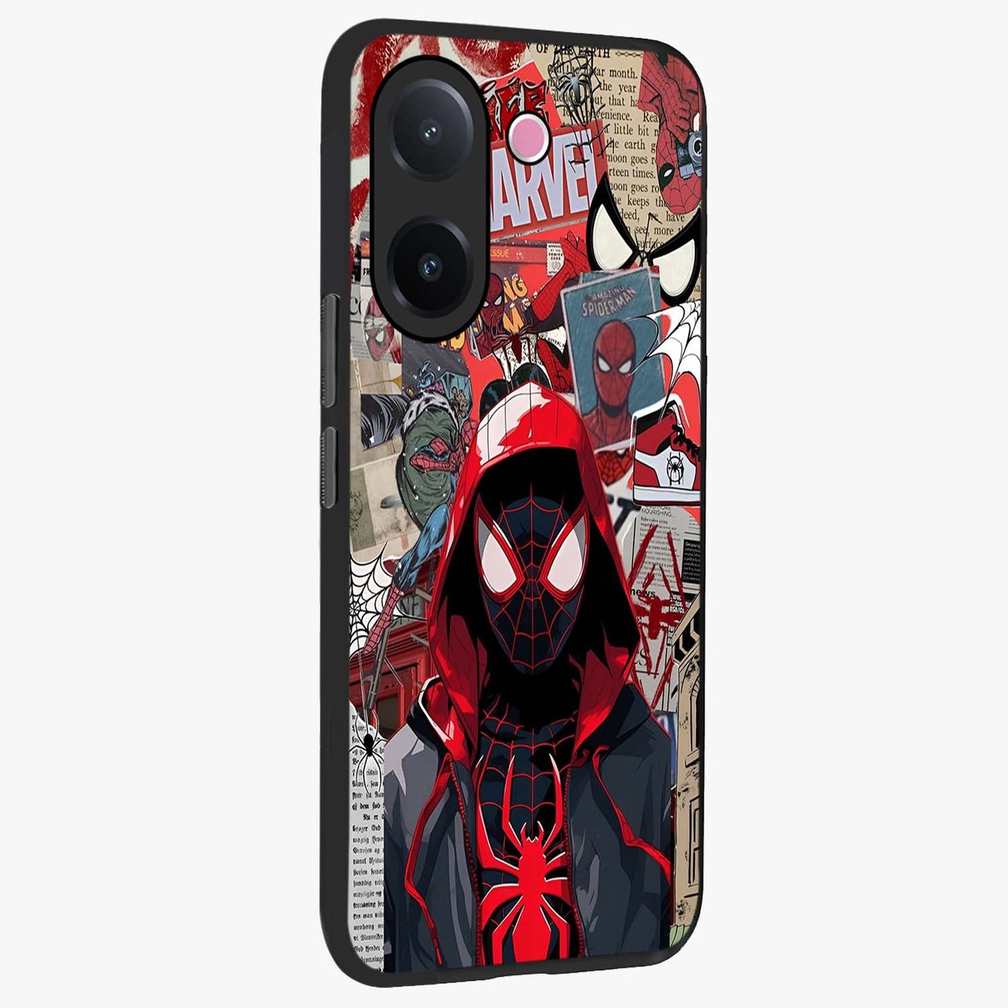 Spider Collage Street Glass Case upright view showcasing bold superhero artwork with urban street theme.