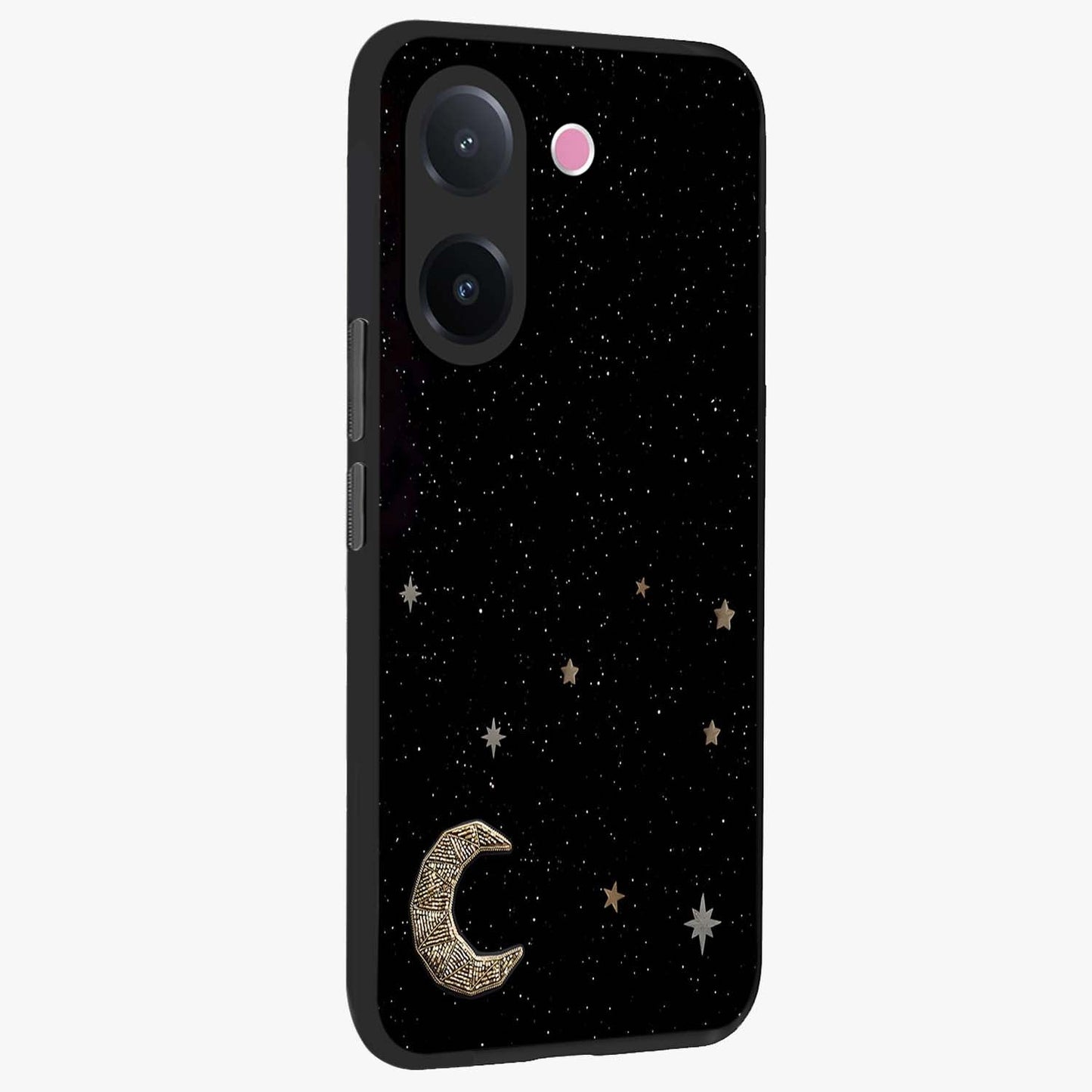 Twinkle Star With Half Moon Glass Case upright view showcasing glowing cosmic artwork with dreamy night theme.