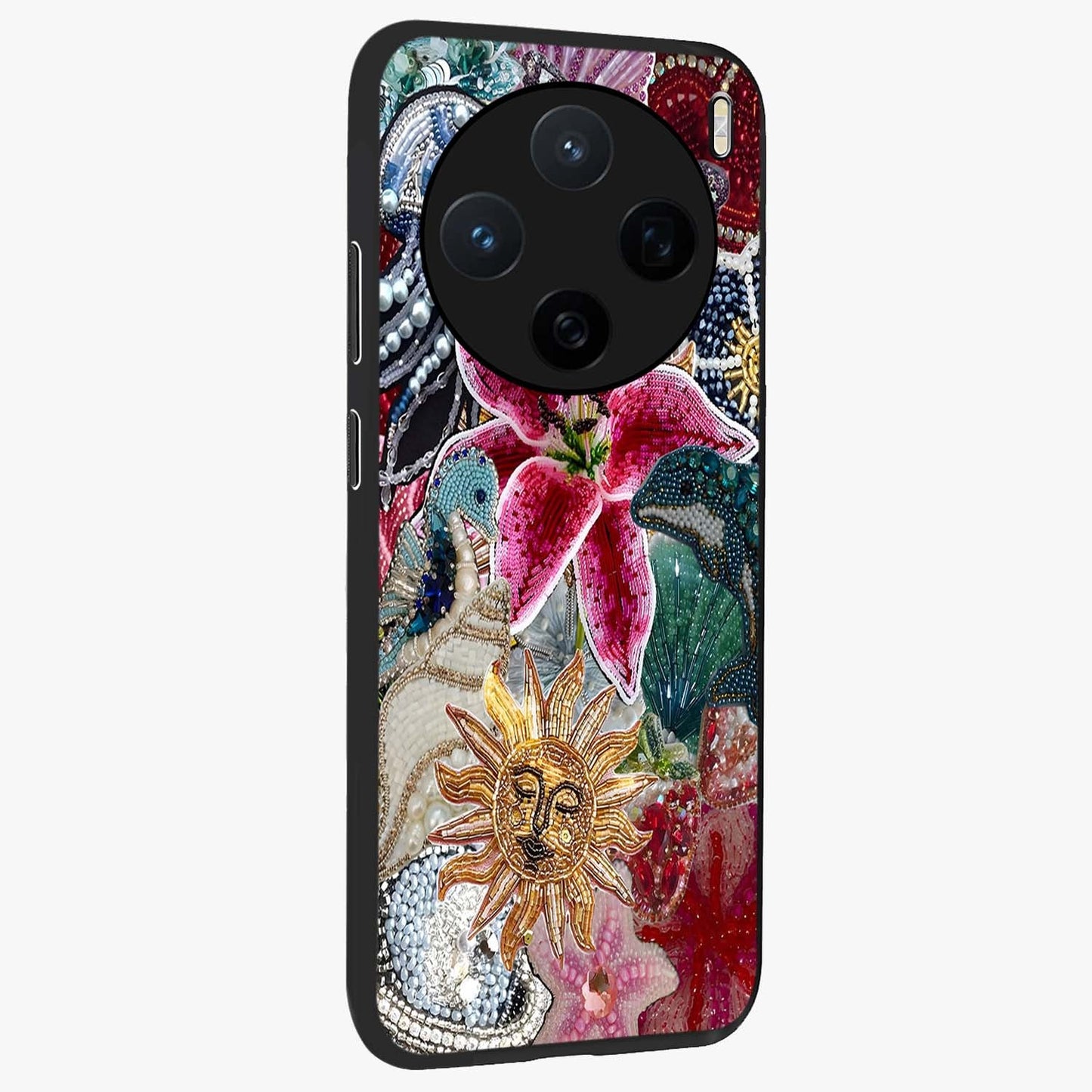 Beaded Garden Fantasy Glass Case upright view showcasing whimsical garden aesthetic with artistic bead details.
