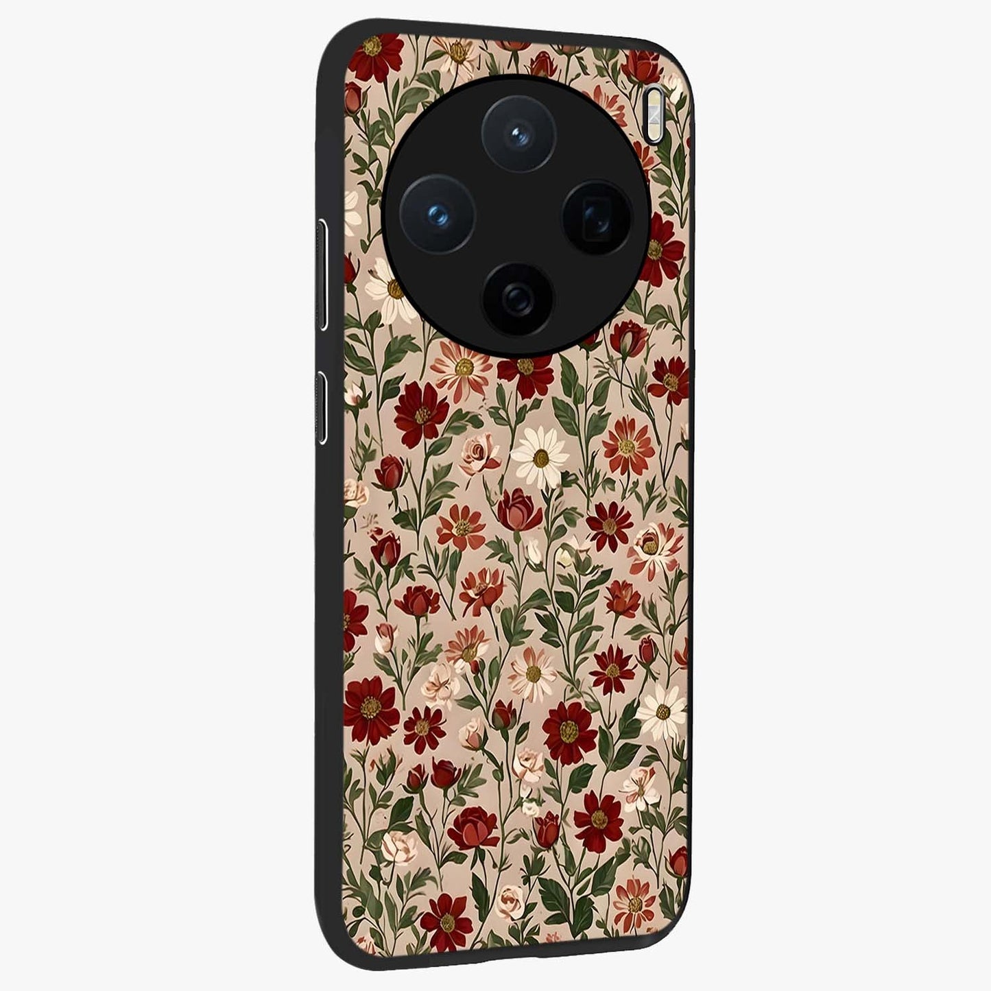 Biege Flower With Leaf Glass Case upright view showcasing delicate beige flower illustration with clean botanical style.