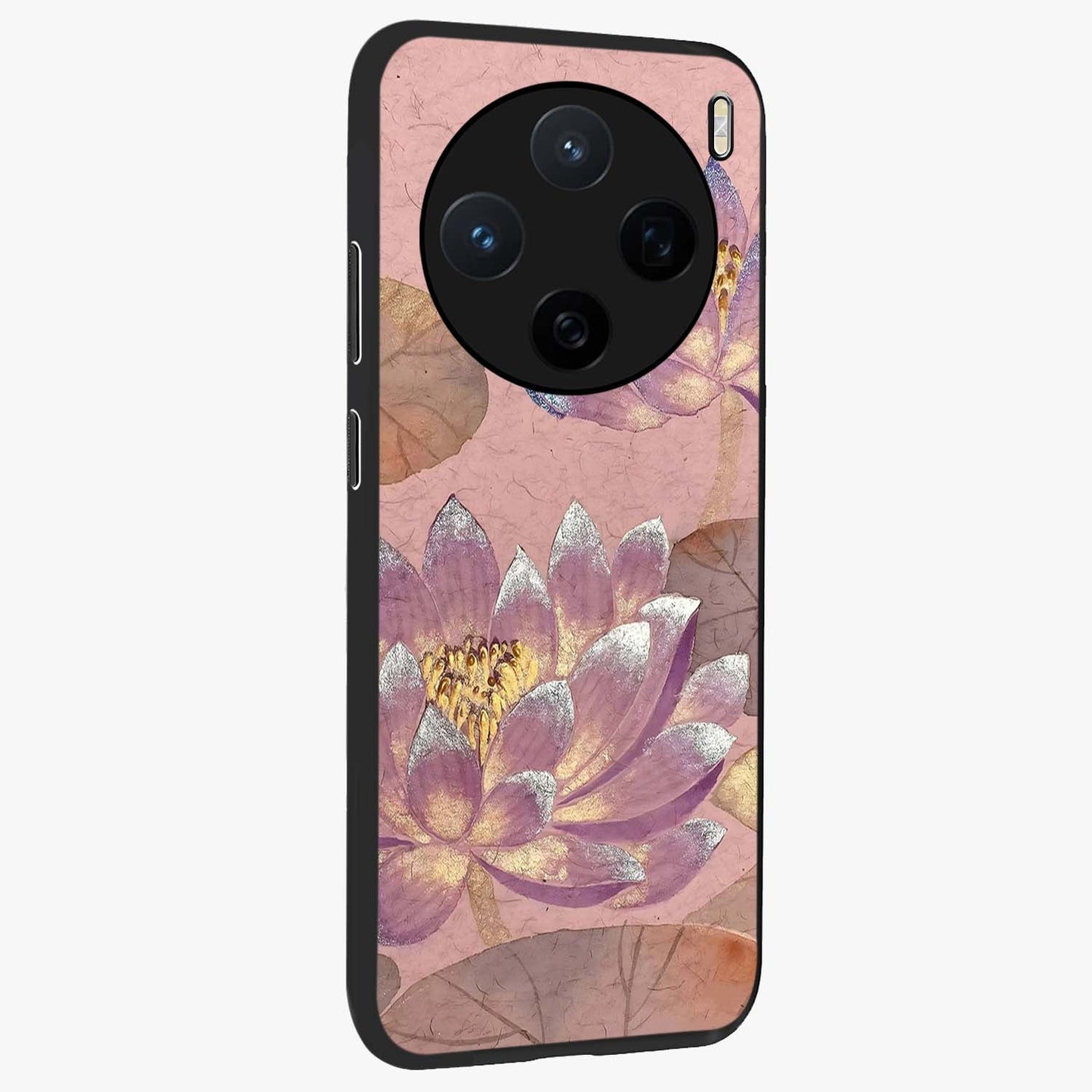 Blossom Mist Lotus Glass Case upright view showcasing graceful lotus flower design with peaceful botanical style.