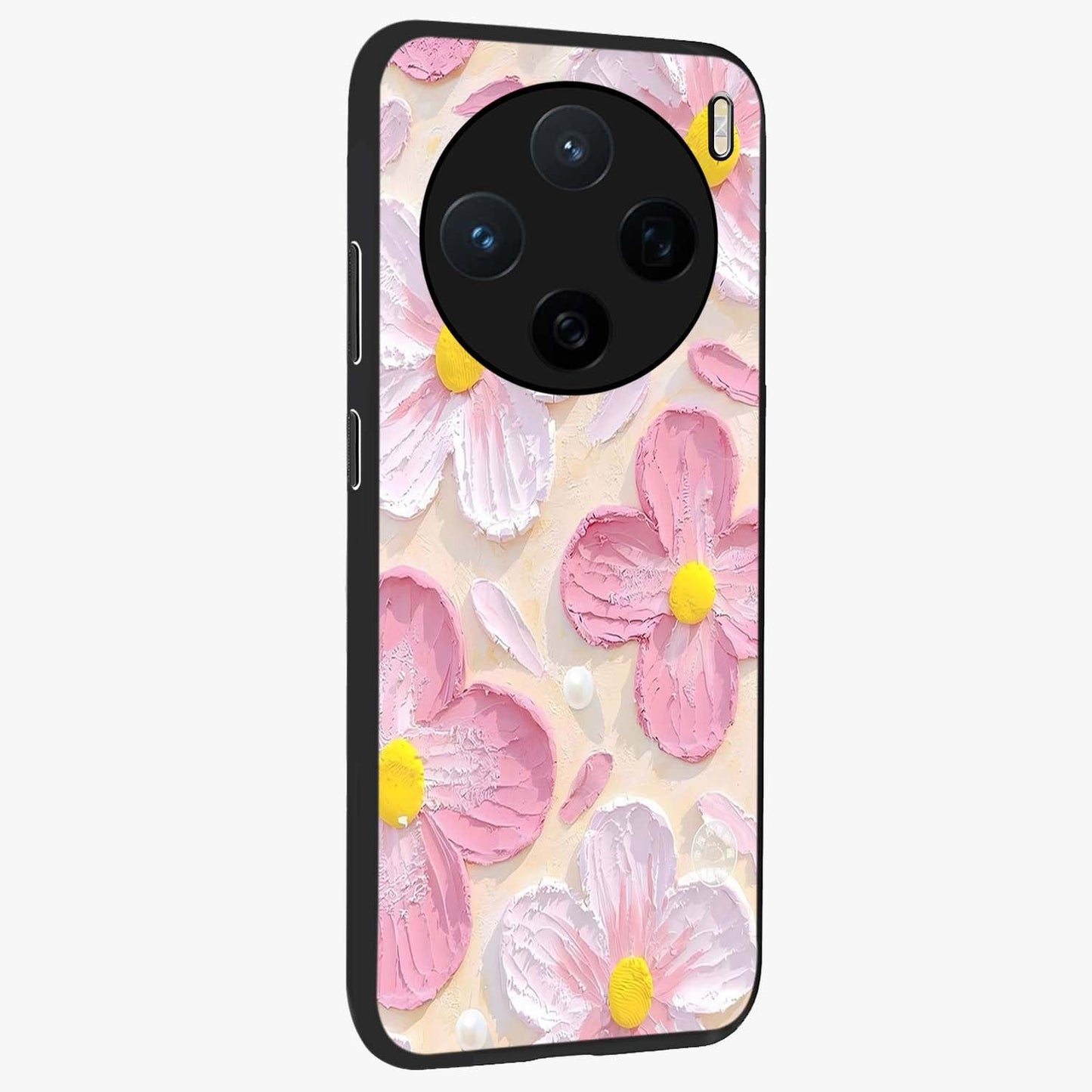 Blush Bloom Texture Glass Case upright view showcasing delicate blush floral texture with modern minimal style.