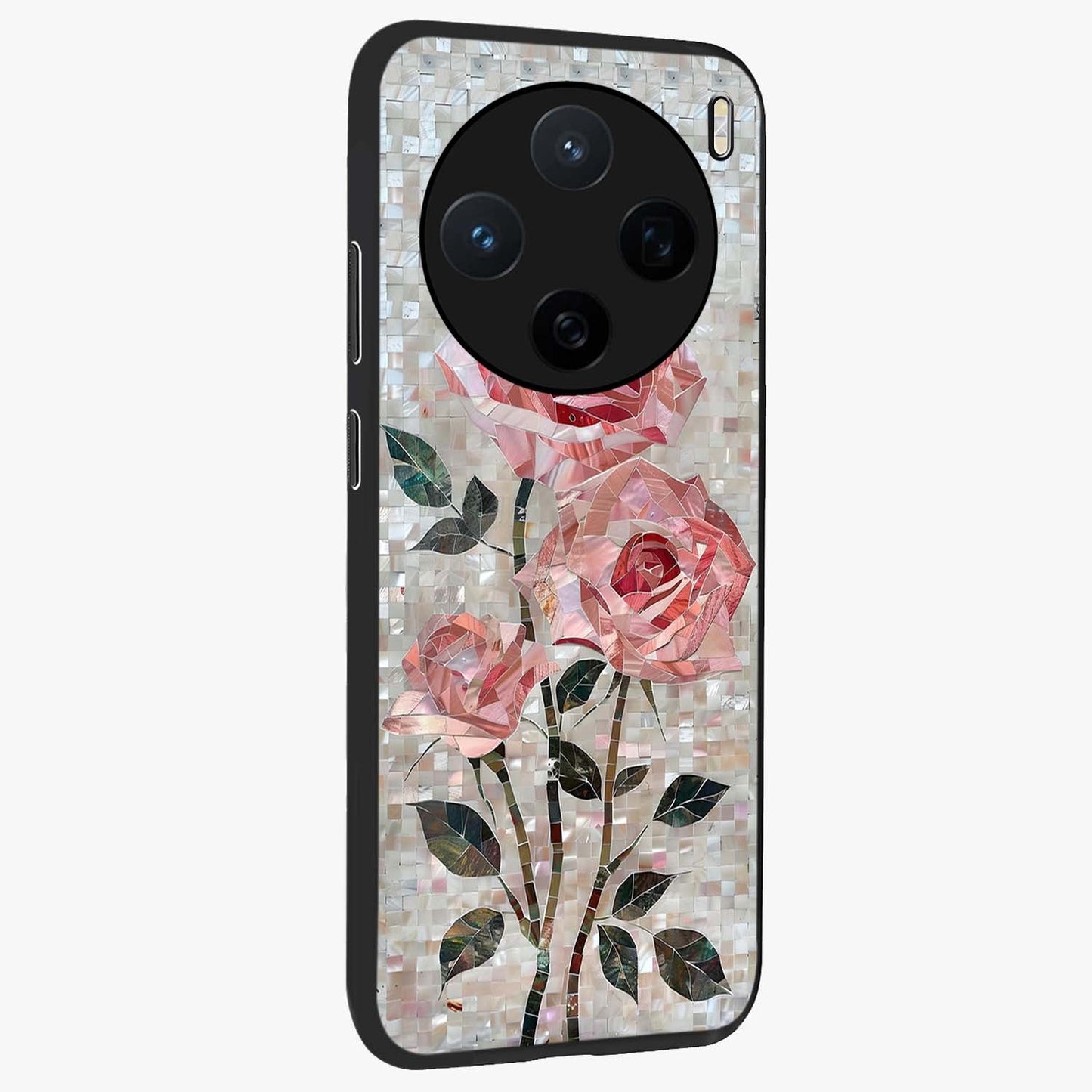 Blush Mosaic Bloom Glass Case upright view showcasing decorative floral mosaic artwork with stylish modern aesthetic.