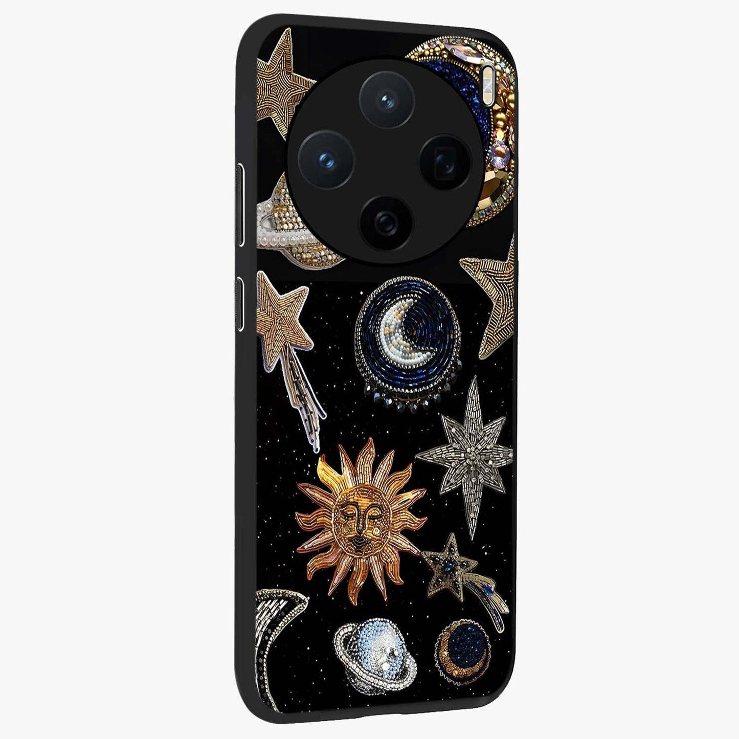 Celestial Gem Constellations Glass Case upright view showcasing cosmic constellation artwork with celestial aesthetic style.