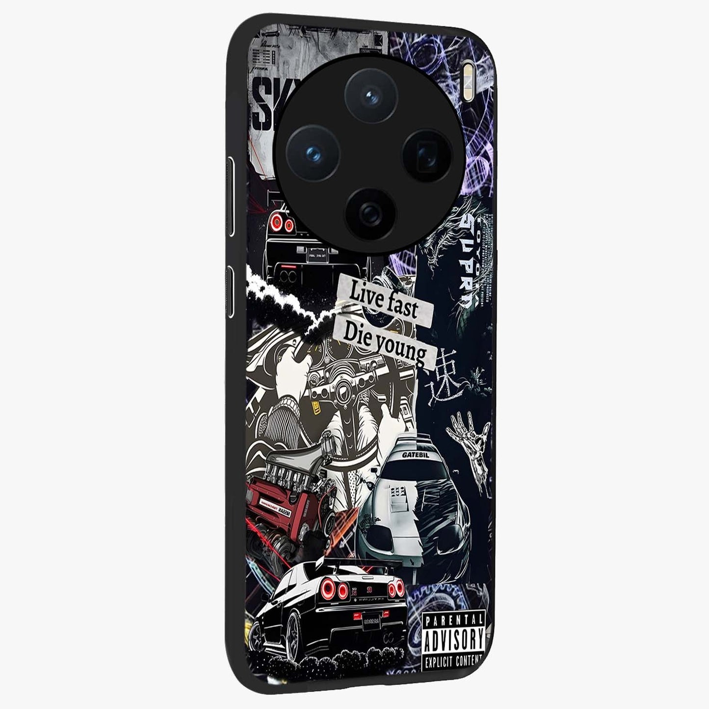 Die Young Glass Case upright view showcasing striking typography artwork with modern statement theme.