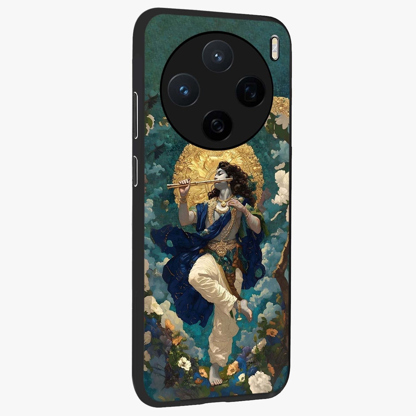 Divine Krishna Art Glass Case upright view showcasing divine Krishna artwork with sacred artistic theme.