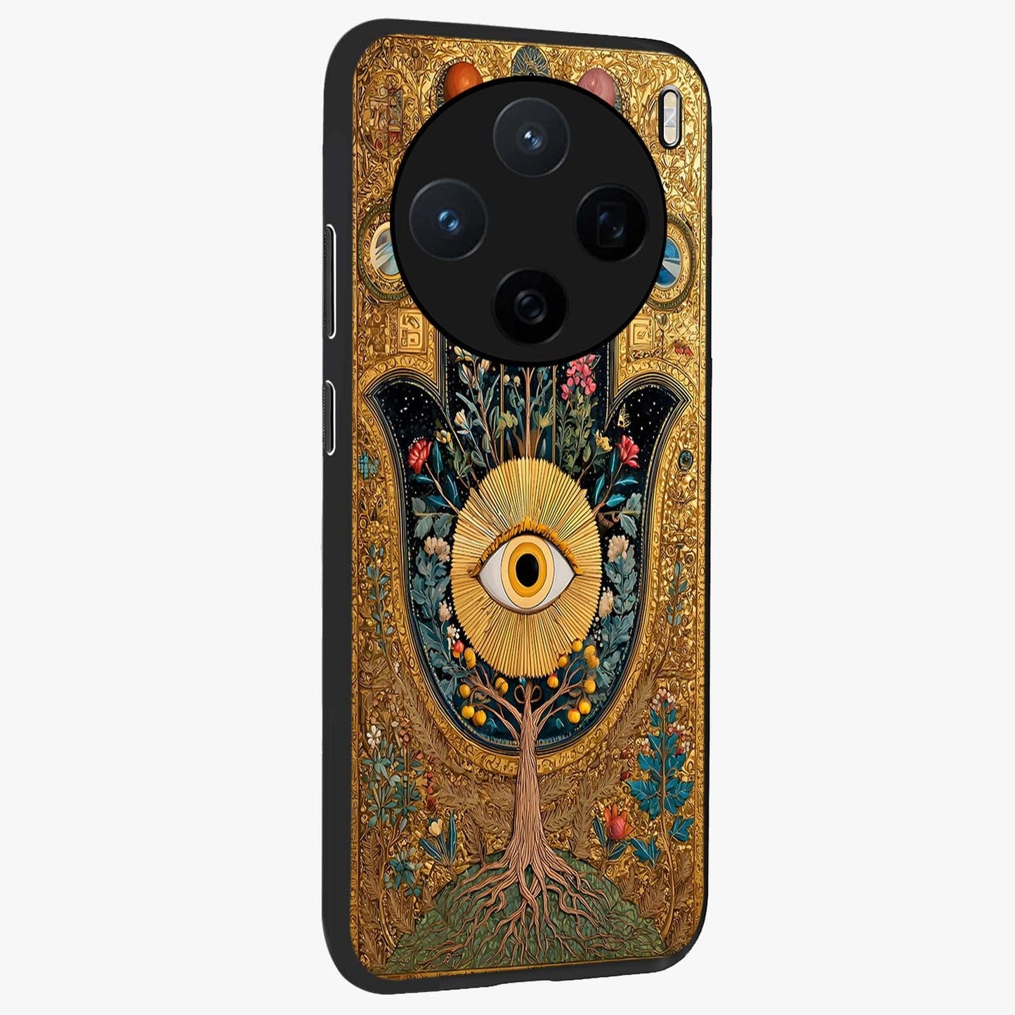 Ethereal Evil Eye Glass Case upright view showcasing celestial evil eye artwork with mystical theme.