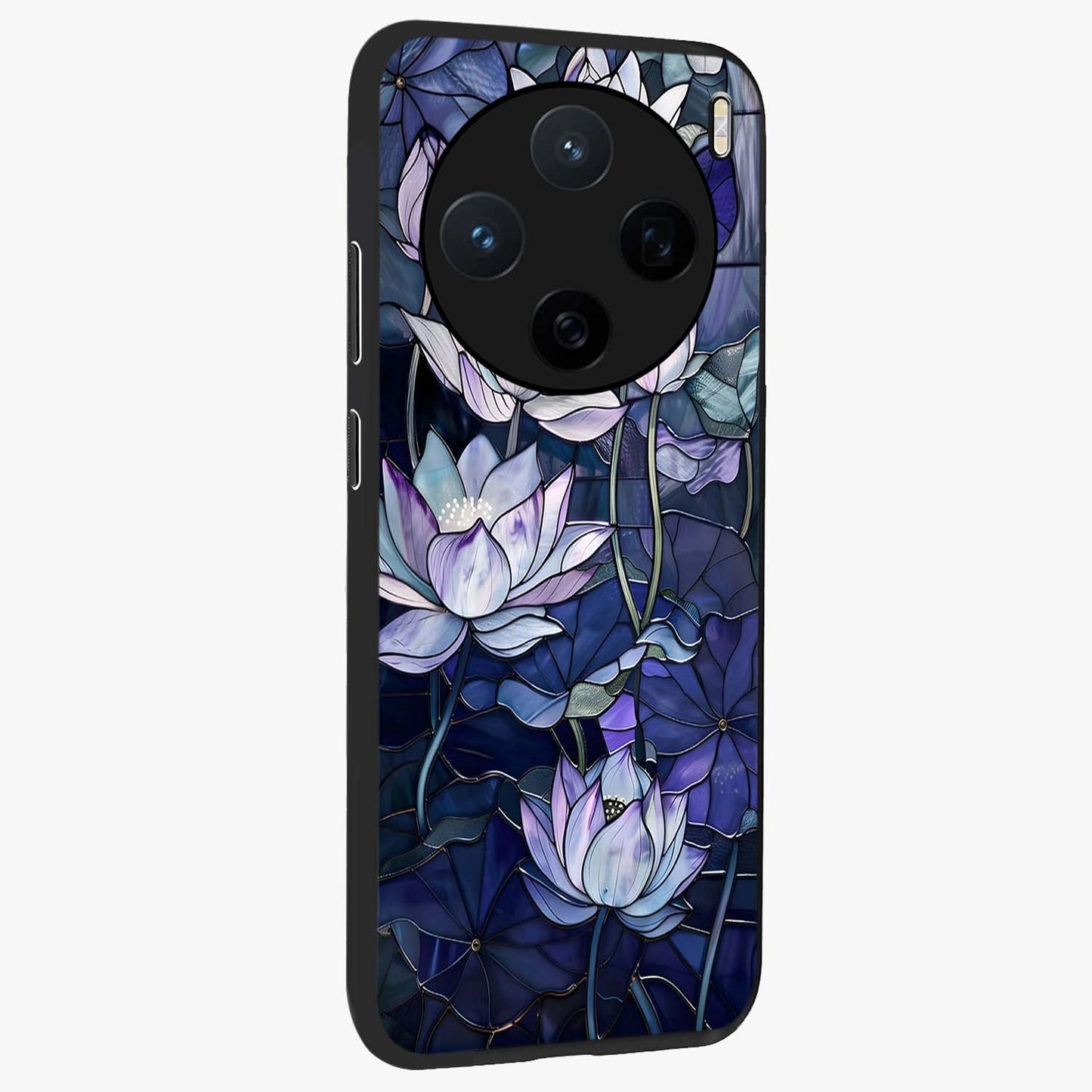 Gloss Petal Rush Glass Case upright view showcasing dynamic floral petal artwork with modern botanical theme.