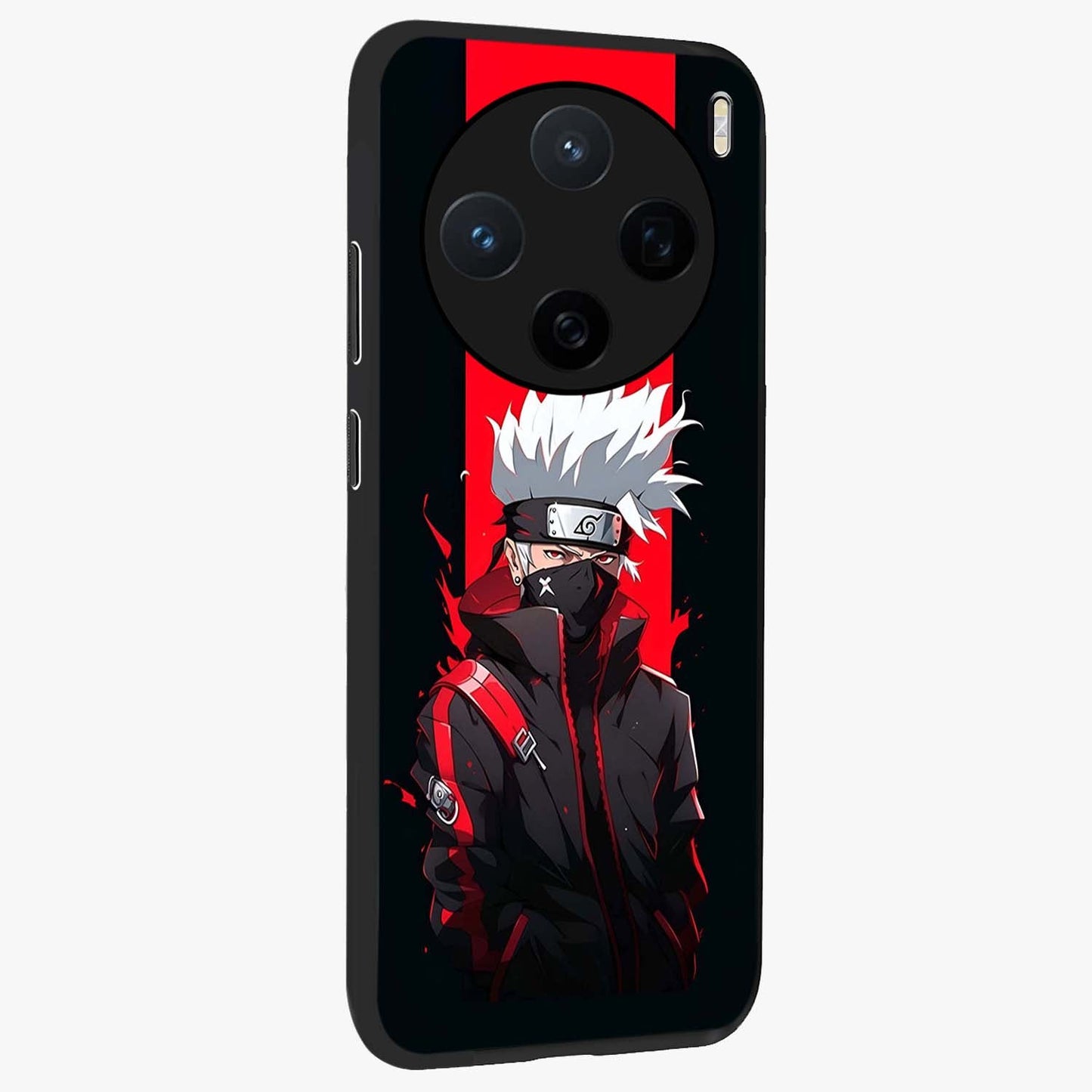 Kakashi Scarlet Shadow Glass Case upright view showcasing intense anime ninja artwork with dark action theme.