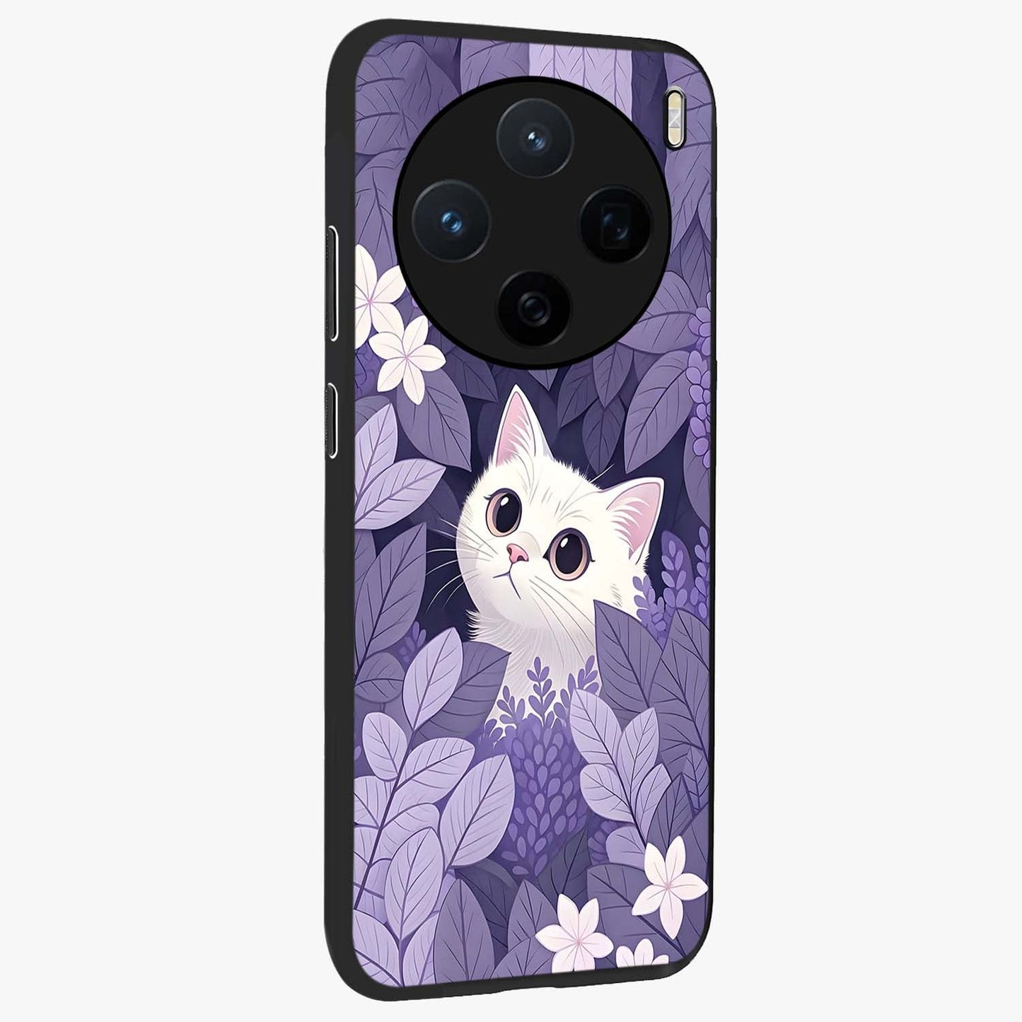 Lilac Hide Peek Cat Glass Case upright view showcasing charming cat artwork with adorable peek theme.
