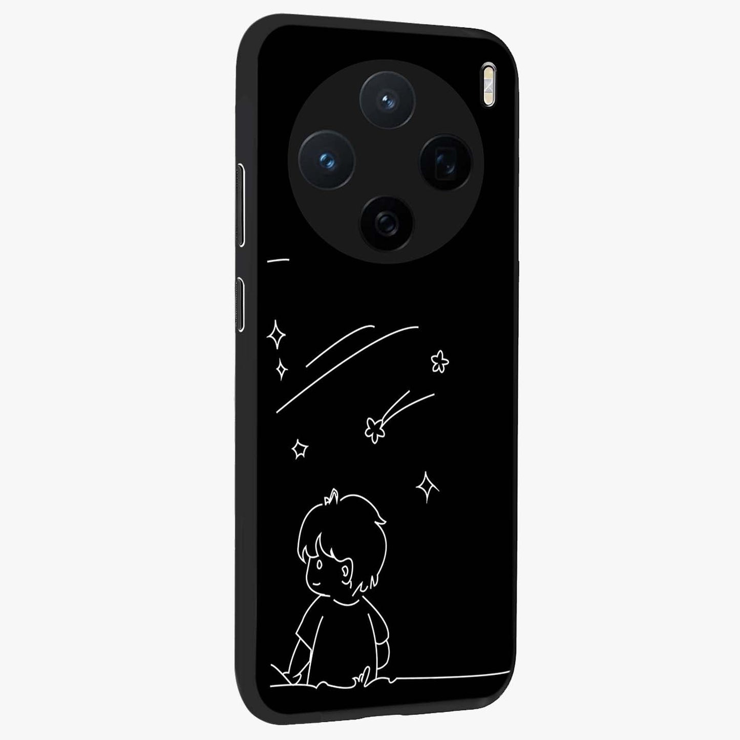 Line Art Boy With Shooting Stars Glass Case upright view showcasing artistic shooting star illustration with minimal style.